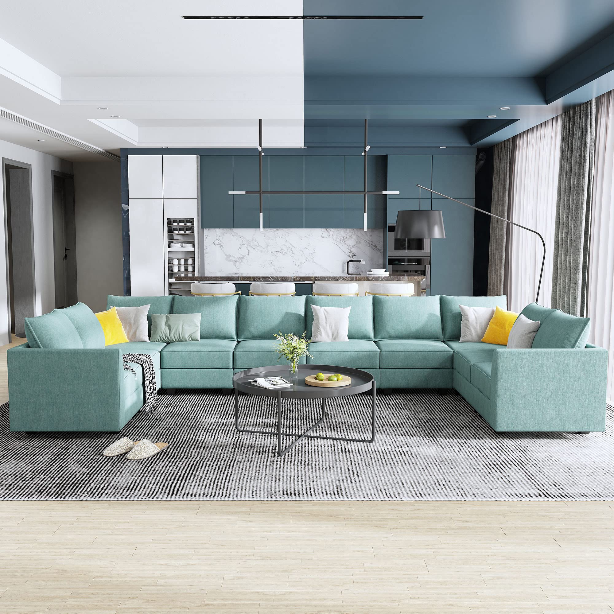 HONBAY Modular Sectional Sofa Sleeper with Chaise & Ottoman - U-Shaped Reversible L-Shaped Couch Set, Oversized Convertible Sofa Bed with Storage Seat, Aqua Blue - Perfect for Living Room, Family Room & Small Spaces