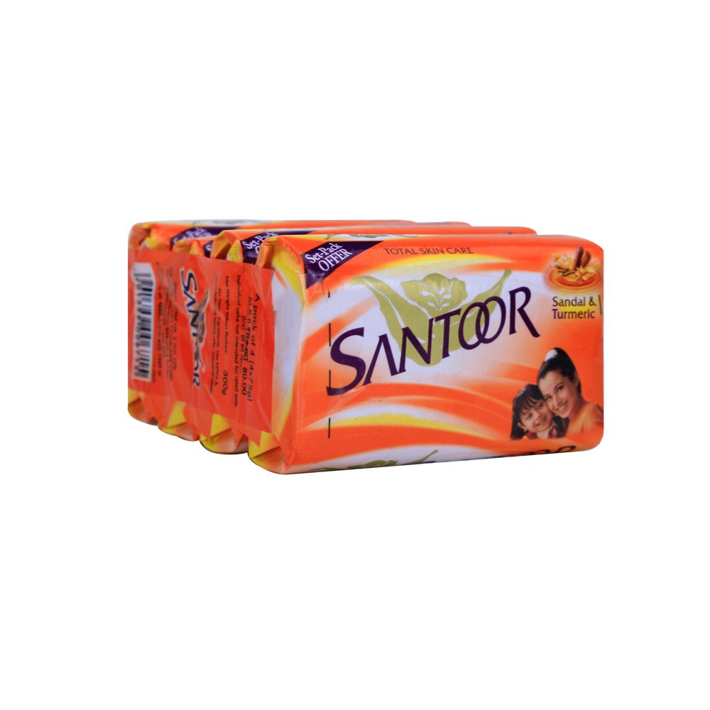 Santoor Sandal and Turmeric Soap Bar - 75g (Pack of 4) | Natural Ayurvedic Skincare for Glowing Skin | Perfect for Daily Use, Gifting & Travel