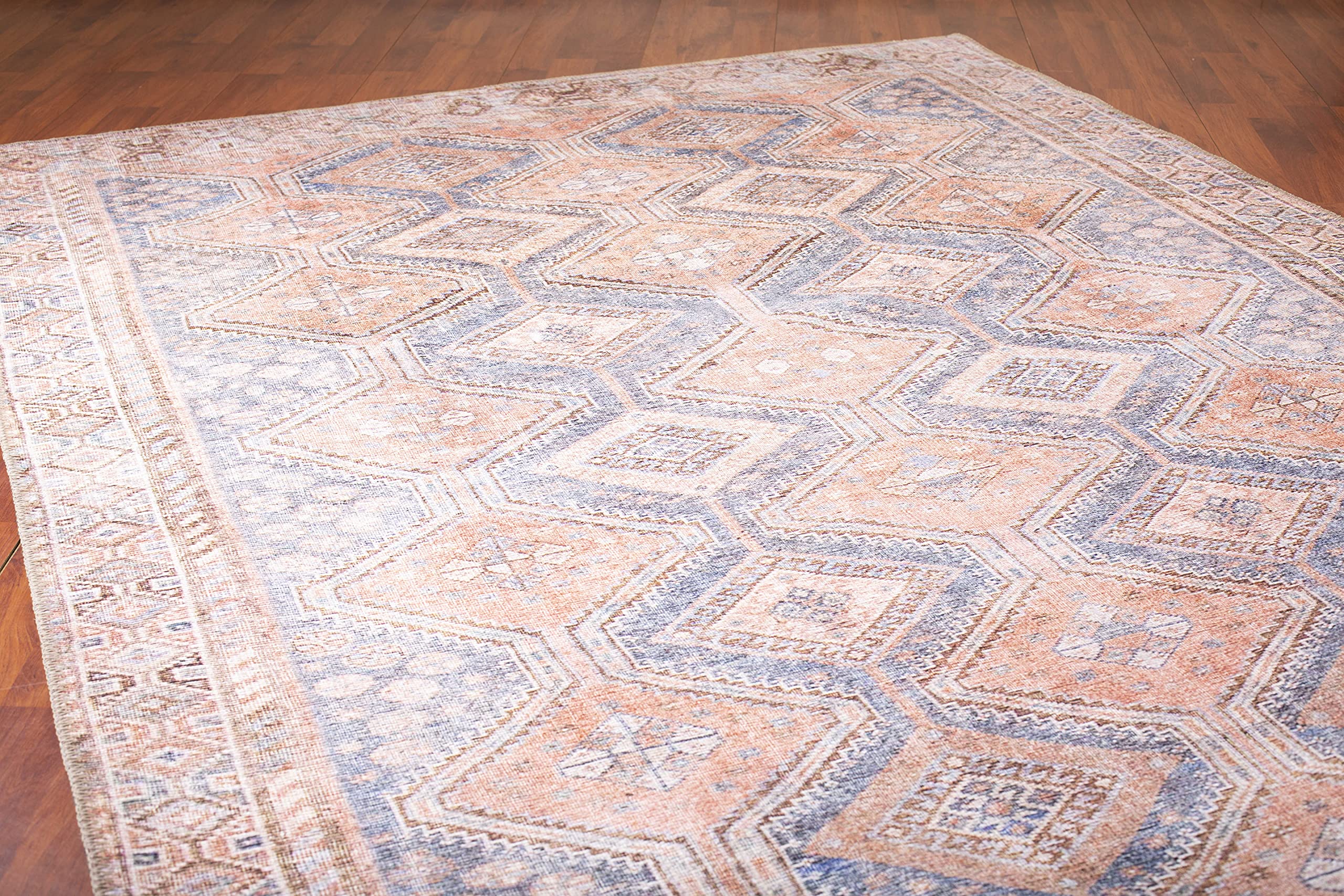 Vintage Washable Non-Shedding Stain Resistant Pet Friendly Area Rug 8' x 10' - Apricot/Blue for Living Room, Dining Room, Bedroom | FARAHAN Collection | Perfect for Home Decor & High Traffic Areas