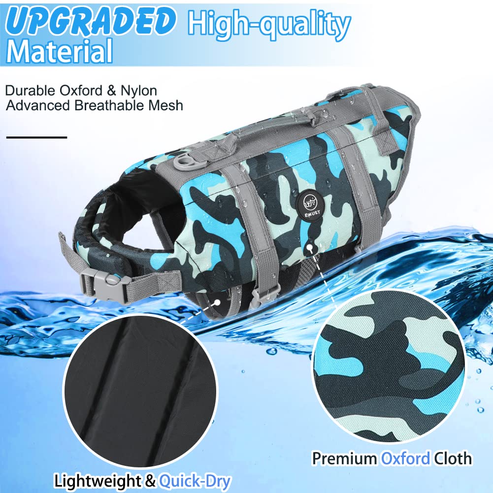 EMUST Adjustable Dog Life Jacket with Rescue Handle - Flotation Vest for Small/Medium/Large Dogs (XS-XXL) - New Blue Camouflage Design - Perfect for Swimming, Boating & Water Safety