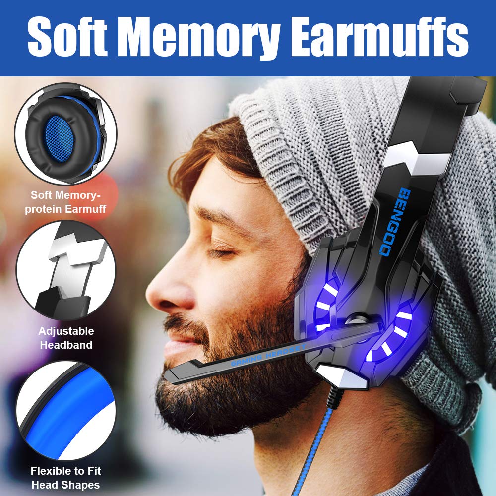 BENGOO G9000 Stereo Gaming Headset with Noise Cancelling Mic & LED Lights - 7.1 Surround Sound Over-Ear Headphones for PS4, PS5, Xbox One, Xbox Series X|S, PC & Nintendo Switch - Perfect for Competitive Gaming, Streaming & Late-Night Sessions