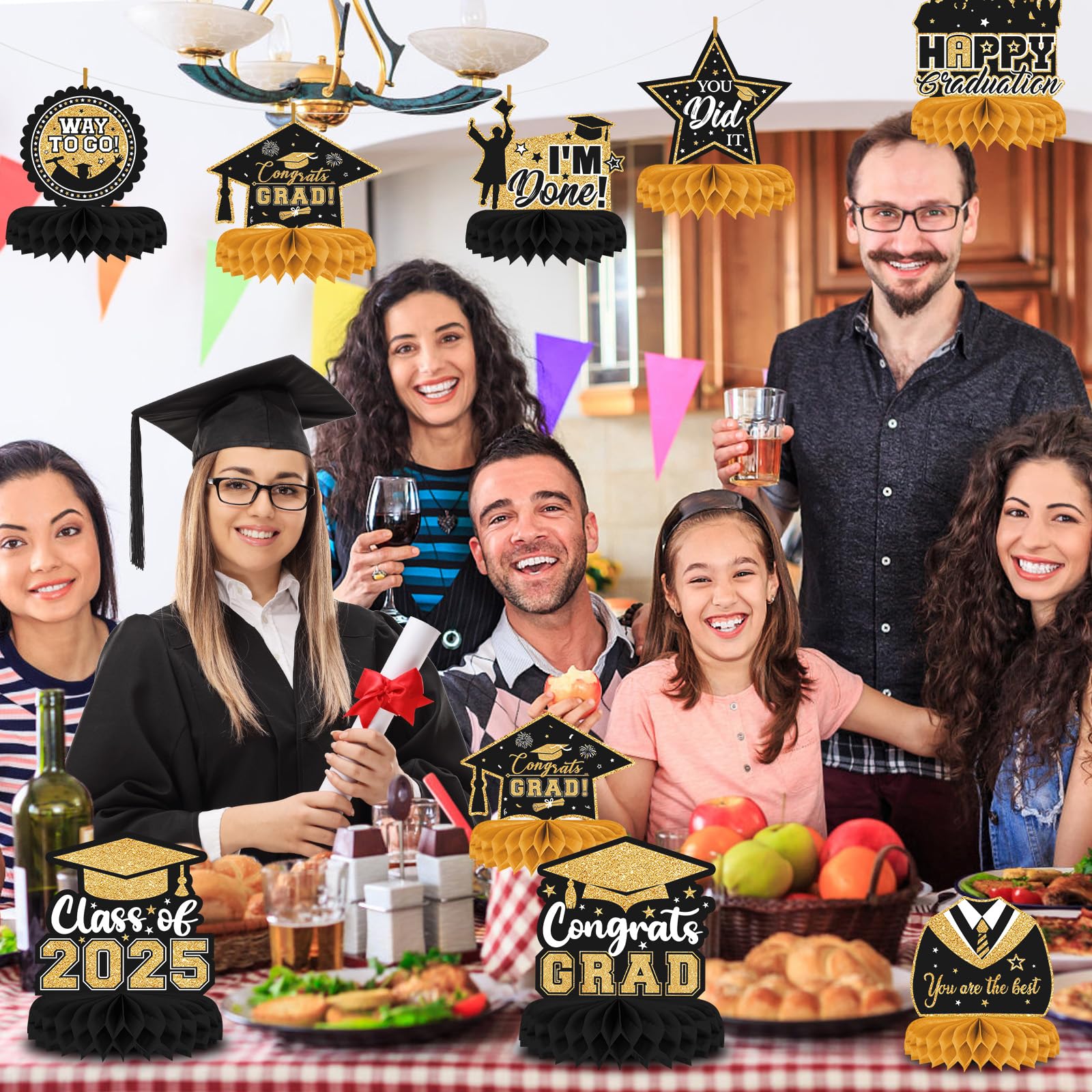 8-Piece Class of 2025 Graduation Table Decor Set - Black & Gold Honeycomb Centerpieces for Grad Party, Congrats Grad Table Toppers - Perfect for High School & College Graduation Ceremonies, Photo Backdrops & Celebration Decorations