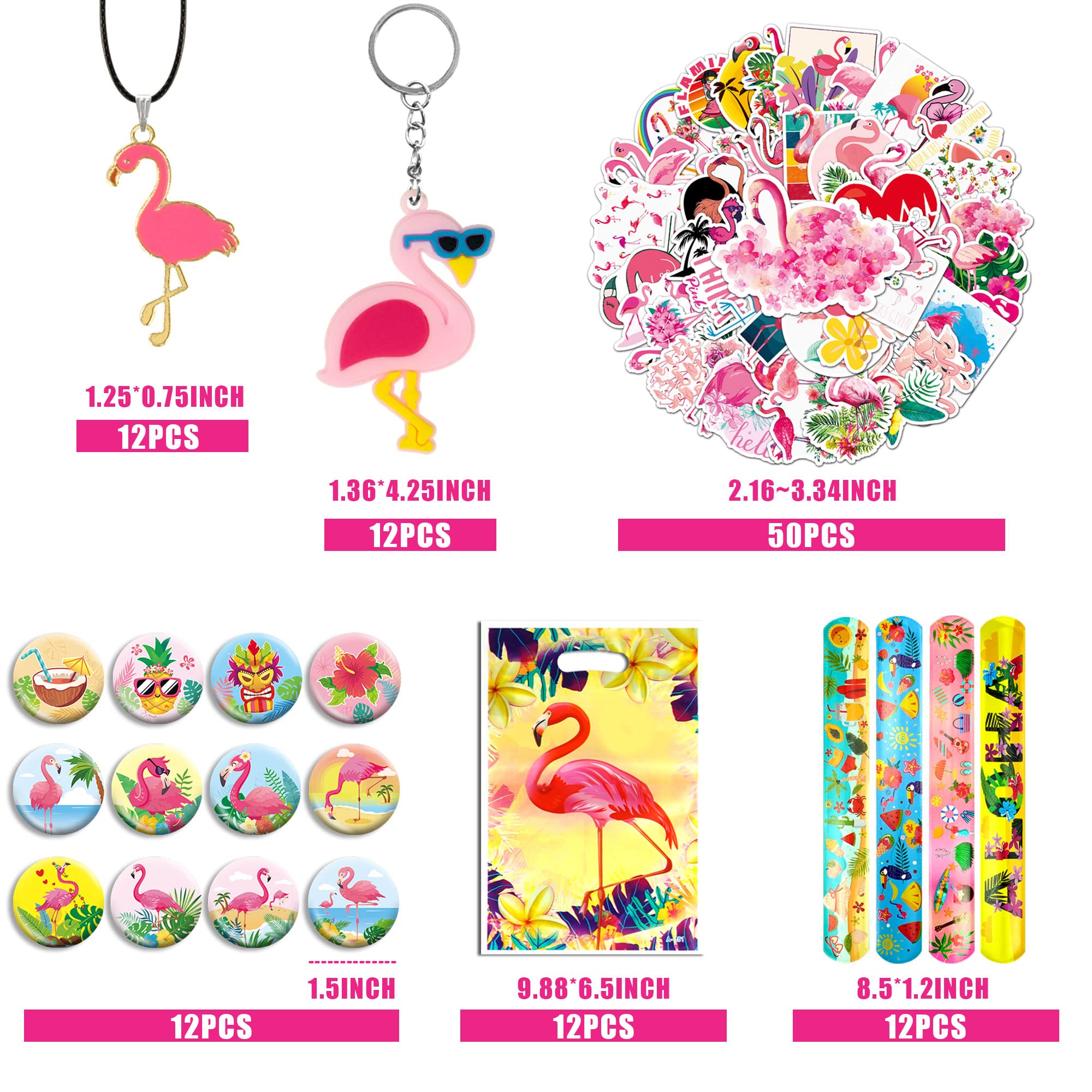 110 PCS Pink Flamingo Party Favors Set - Includes Keychains, Stickers, Slap Bracelets & Goodie Bags - Perfect for Flamingo Themed Birthday Parties, Hawaiian Luau, Pool Parties & Summer Celebrations