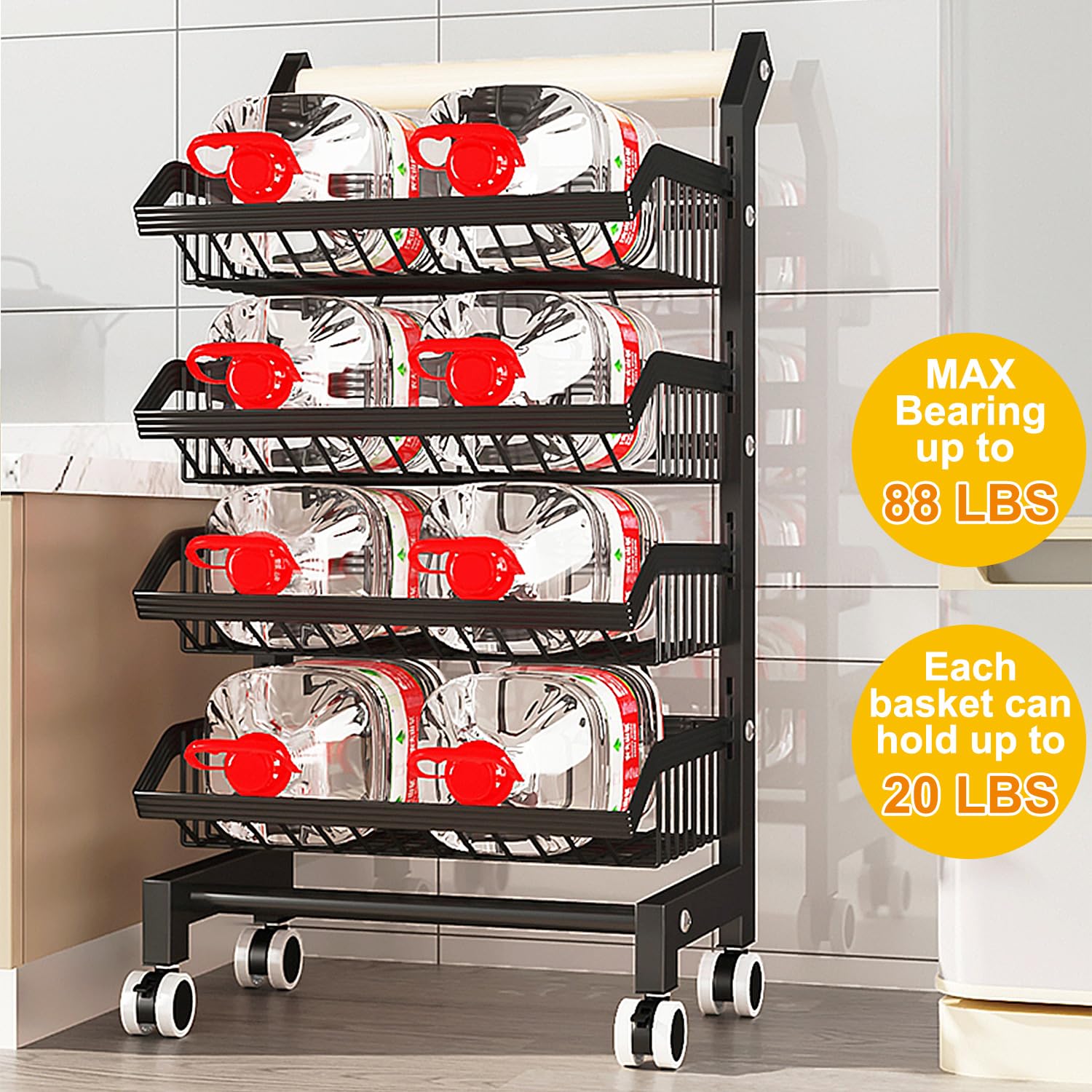 4-Tier Rolling Kitchen Cart with Wheels - Adjustable Metal Wire Storage Rack for Pantry, Fruits & Vegetables - Black Snack Organizer with Wooden Handle for Home, Office & Dorm Use