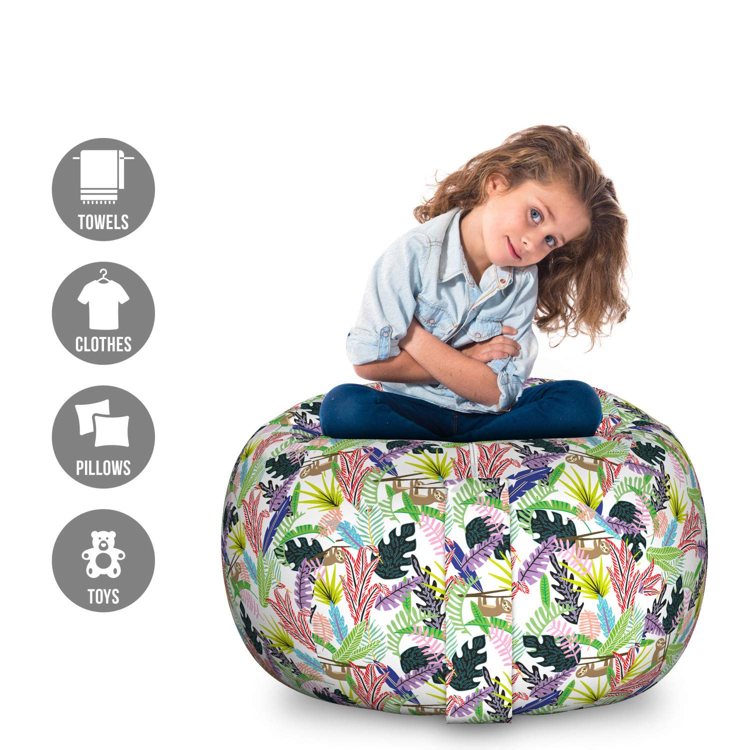 Ambesonne Funny Sloth Storage Toy Bag Chair - Large Washable Stuffed Animal Organizer with Monstera & Tropical Leaf Design - Perfect for Kids' Room, Playroom & Nursery Organization (Green/White)