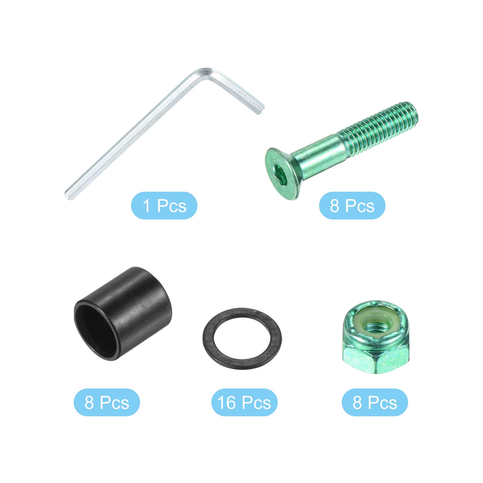 PATIKIL Complete Skateboard Hardware Kit - 8pc Mounting Screws, Axle Nuts, Hex Key Set with Washers & Spacers for Skateboard Truck & Wheel Assembly - Perfect for DIY Skateboard Repair & Maintenance