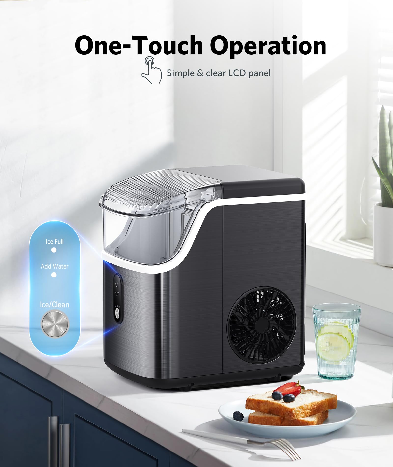 Portable Nugget Ice Maker Countertop - 34Lbs/24H Soft Chewable Pellet Ice Machine with Self-Cleaning & One-Touch Operation - Perfect for Home Bars, Camping, RV Trips & Office Use (Black)
