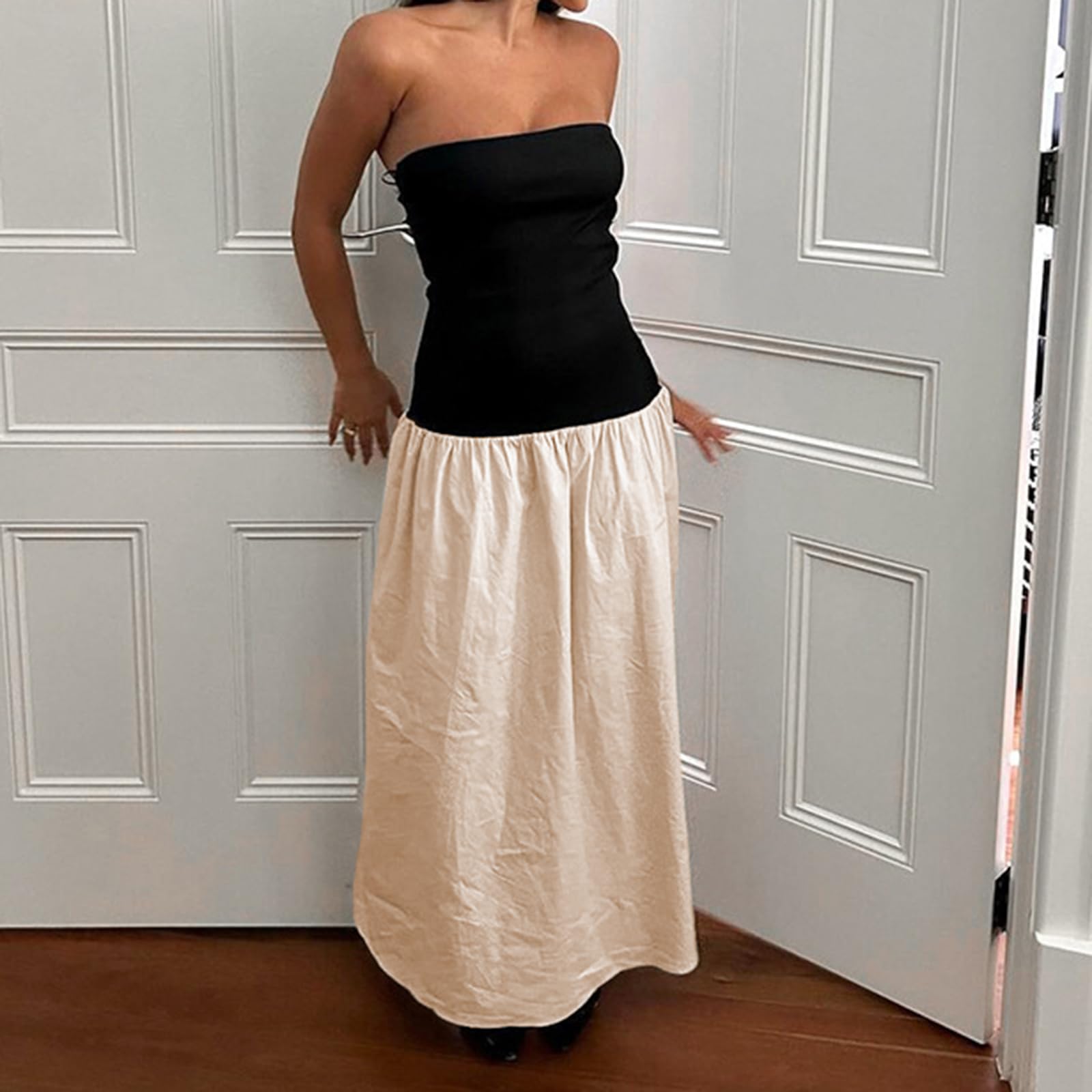 Elegant Women's Strapless Midi Dress with Corset & Ruffle Details - Summer Wedding Guest Dress, Party Cocktail Dress, Beach Vacation Outfit
