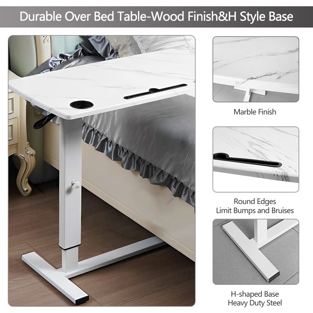 Adjustable Overbed Table with Wheels & USB Port - Hospital Bed Table, Pneumatic Height Adjustable for Home & Medical Use - Walnut & Marble White Finish - Perfect for Eating, Working, Reading in Bed or Recovery