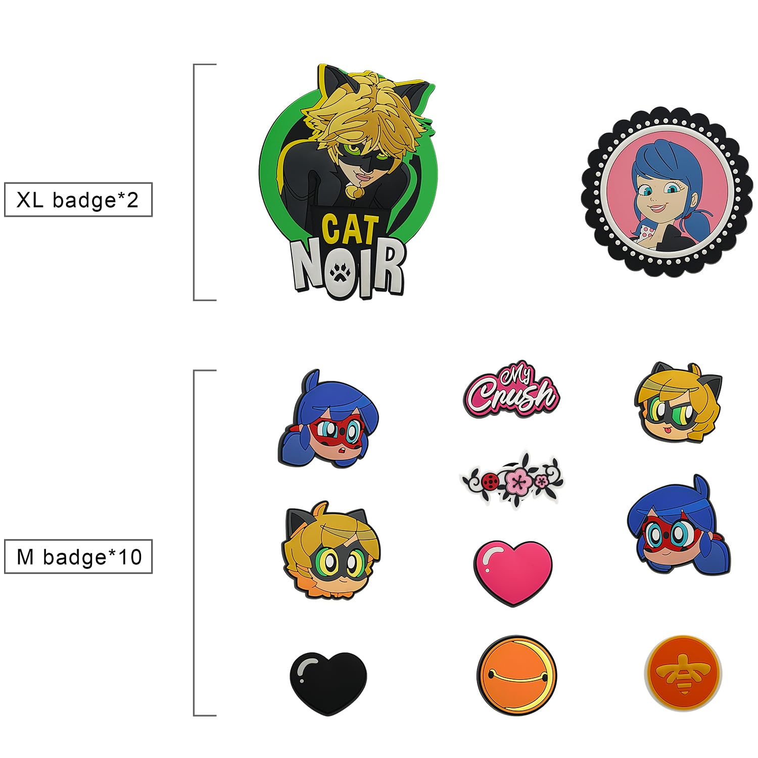 Miraculous Ladybug & Cat Noir 12-Piece Badge Set - Clip-On Pins for Pop n' Swop Purses, Bags & Backpacks (Regular & XXL Size) - Perfect for School, Cosplay & Fan Collections