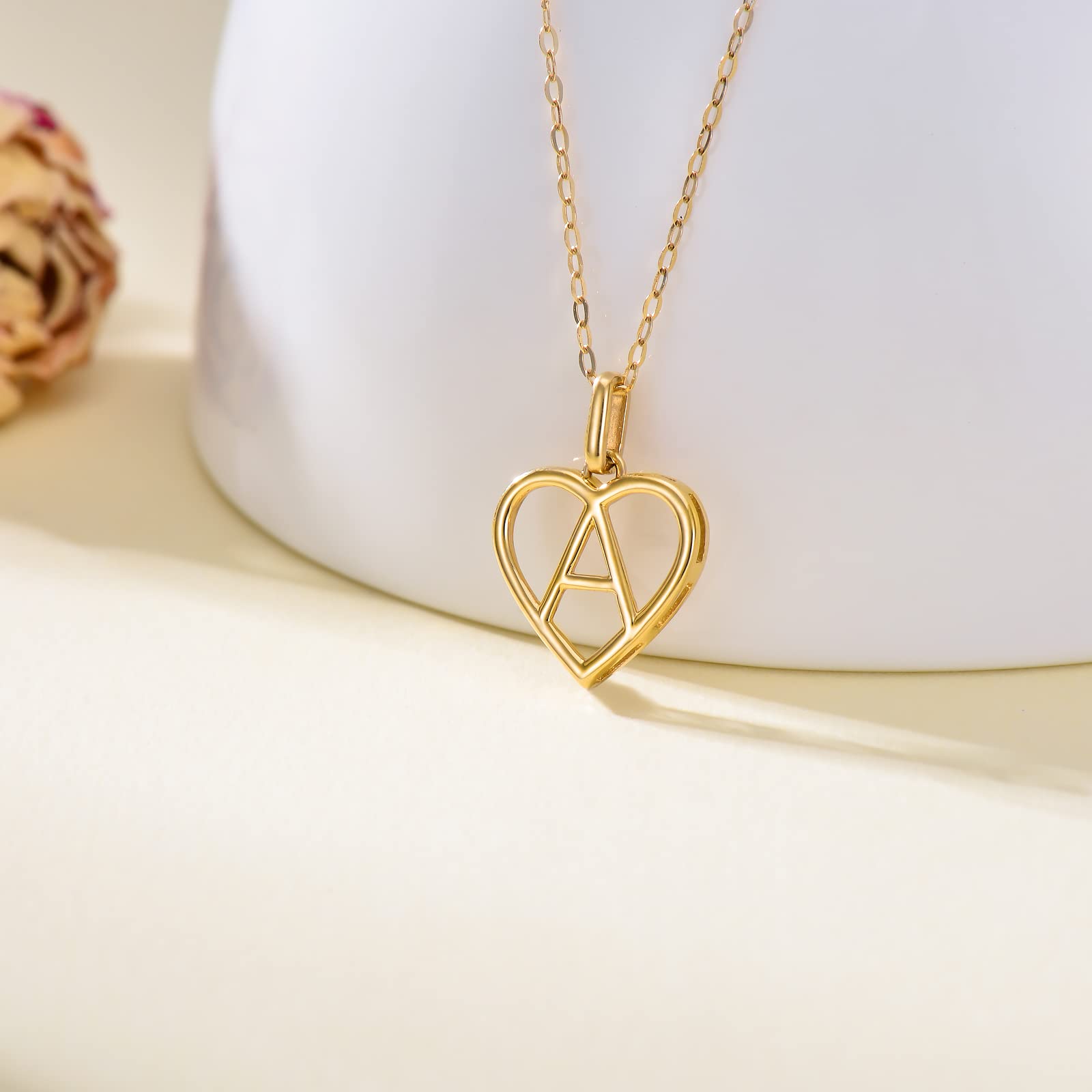 14K Solid Gold Heart Initial Necklace for Women - Personalized Letter A Pendant with 18
