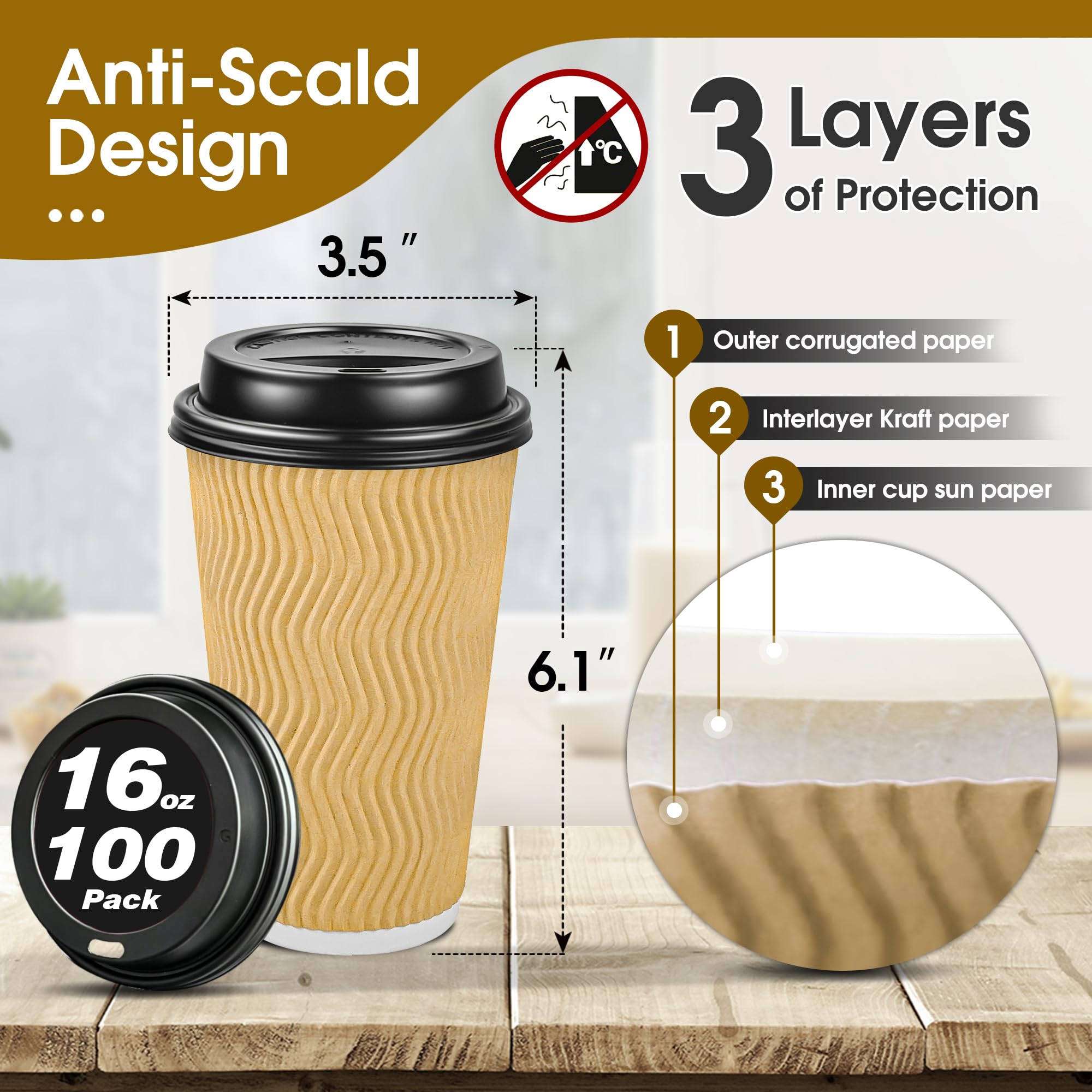 100 Pack 16 oz Disposable Coffee Cups with Lids - Insulated Ripple Wall Paper Cups for Hot & Cold Drinks | Perfect for Parties, Home Use, Travel & Office | Eco-Friendly Beige To-Go Cups