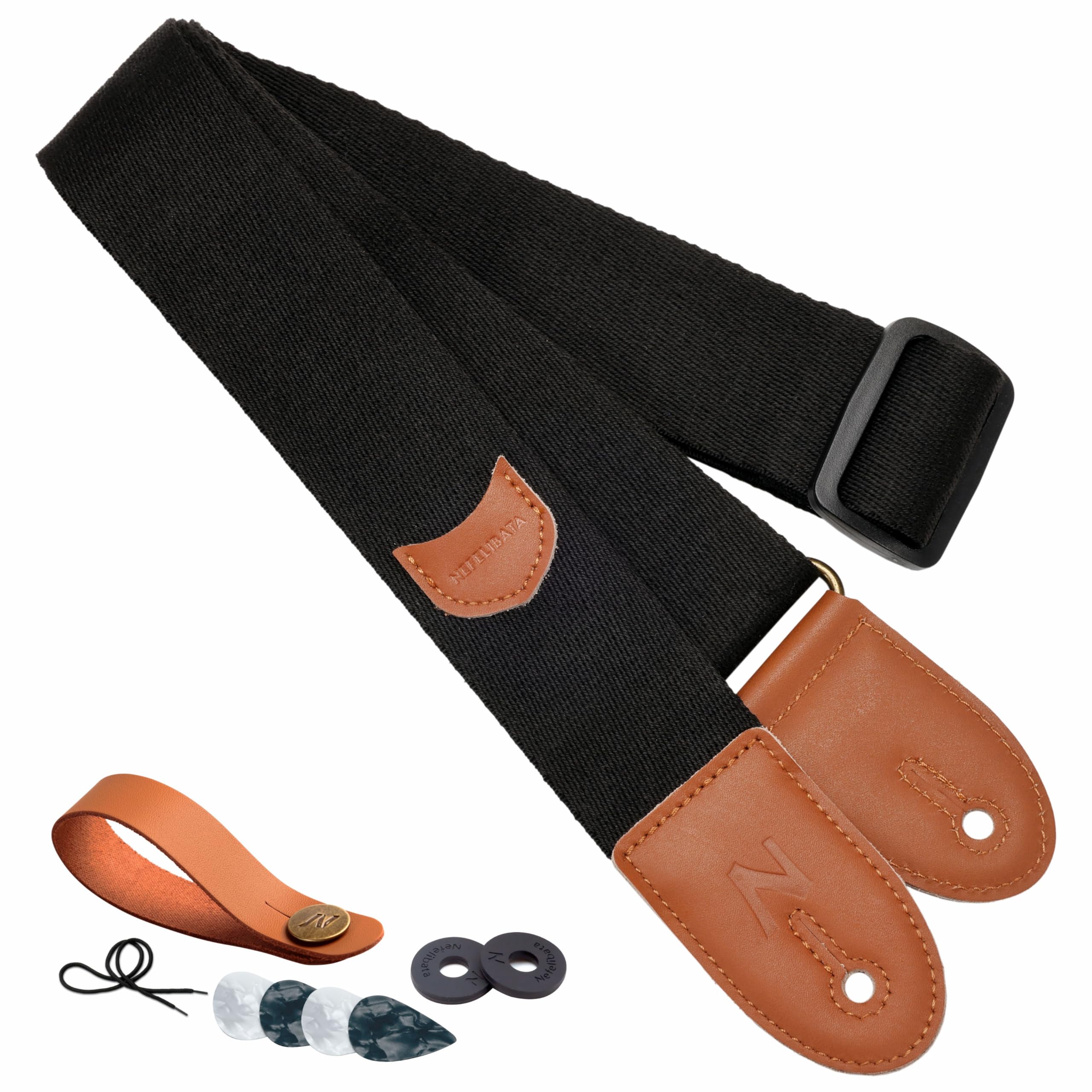 Premium Nefelibata Guitar Strap - 100% Cotton with Full Grain Leather Ends for Bass, Electric & Acoustic Guitars - Includes Pick Pocket, Free Strap Button, 1 Pair Strap Locks & 4 Guitar Picks (Black) - Perfect for Live Performances, Studio Recording & Practice Sessions