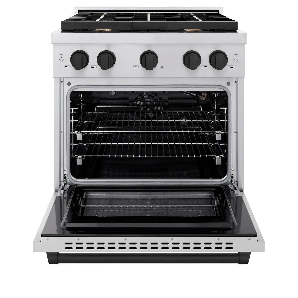 ZLINE Autograph Edition 30-inch 4.2 cu. ft. Stainless Steel Gas Range with 4 Burner Cooktop & Convection Oven - Matte Black Accents (SGRZ 30 MB) - Perfect for Modern Kitchens & Professional Cooking