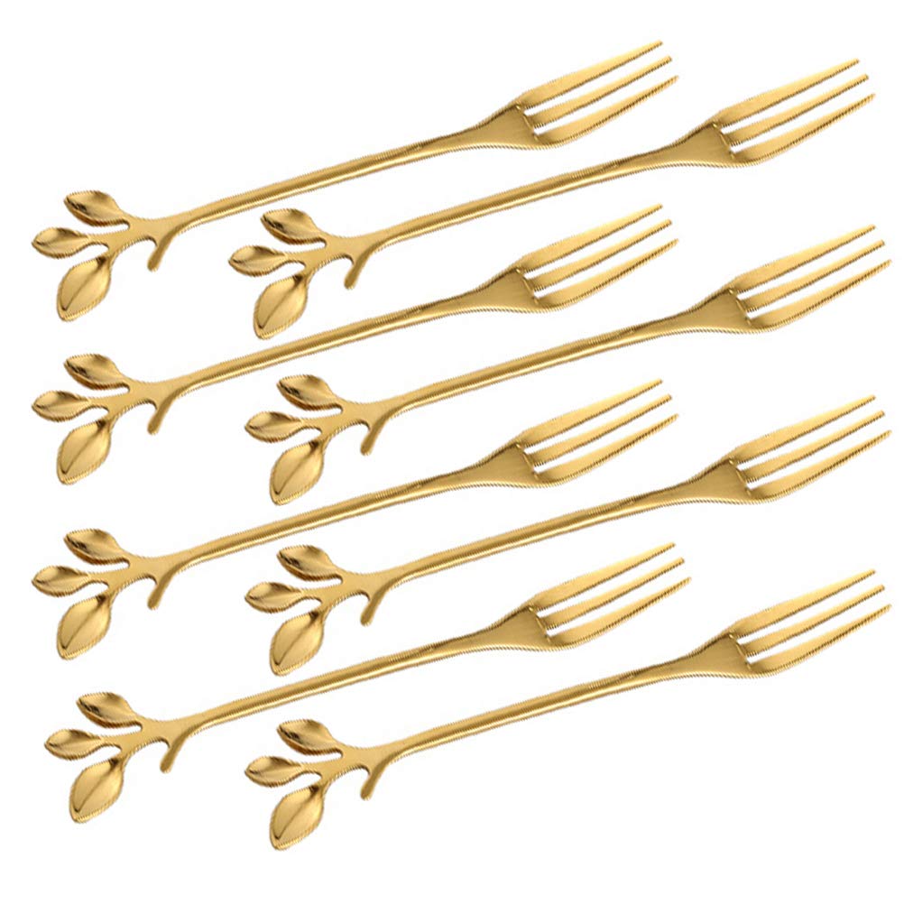 Gold Leaf Appetizer Cake Fruit Forks Set of 8 - 4.7 Inch Elegant Cocktail Picks for Dessert Tasting, Wedding Party & Kitchen Accessories - Perfect for Bridal Showers, Afternoon Tea, and Gourmet Plating