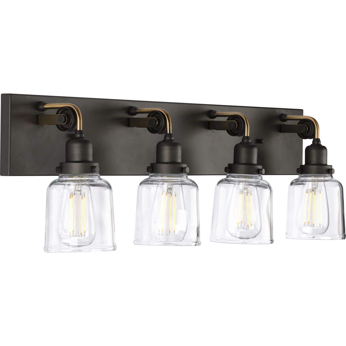 Progress Lighting Rushton Collection 4-Light Clear Glass Farmhouse Bathroom Vanity Light in Graphite - Perfect for Rustic Bathroom, Farmhouse Decor & Vintage Style Home Lighting