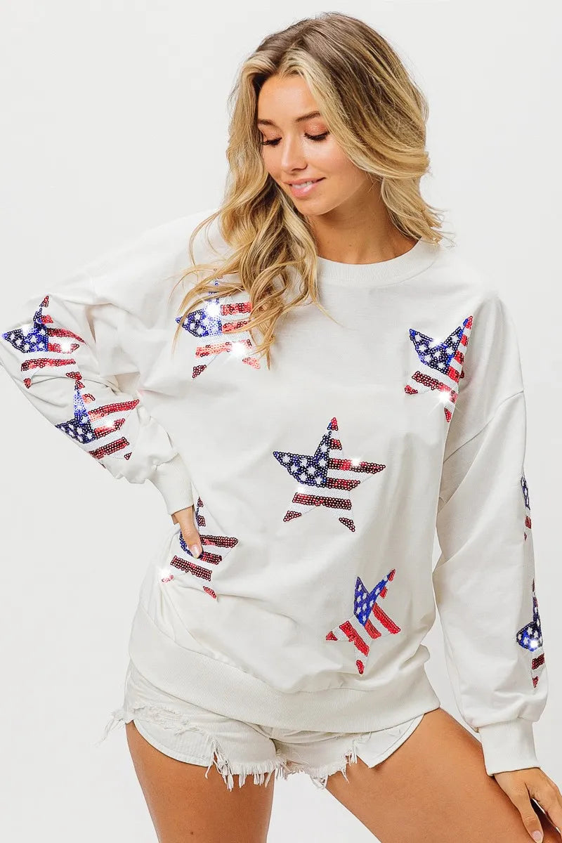 BiBi American Flag Sequin Star Sweatshirt - Patriotic Pullover with Sparkling Stars | Perfect for 4th of July, Veterans Day & USA Themed Parties