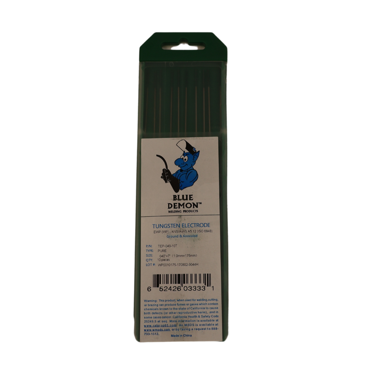 Blue Demon Pure Tungsten Electrodes - 10 Pack for TIG Welding, Arc Welding & Metal Fabrication | High-Performance Welding Rods for DIY, Automotive & Industrial Use