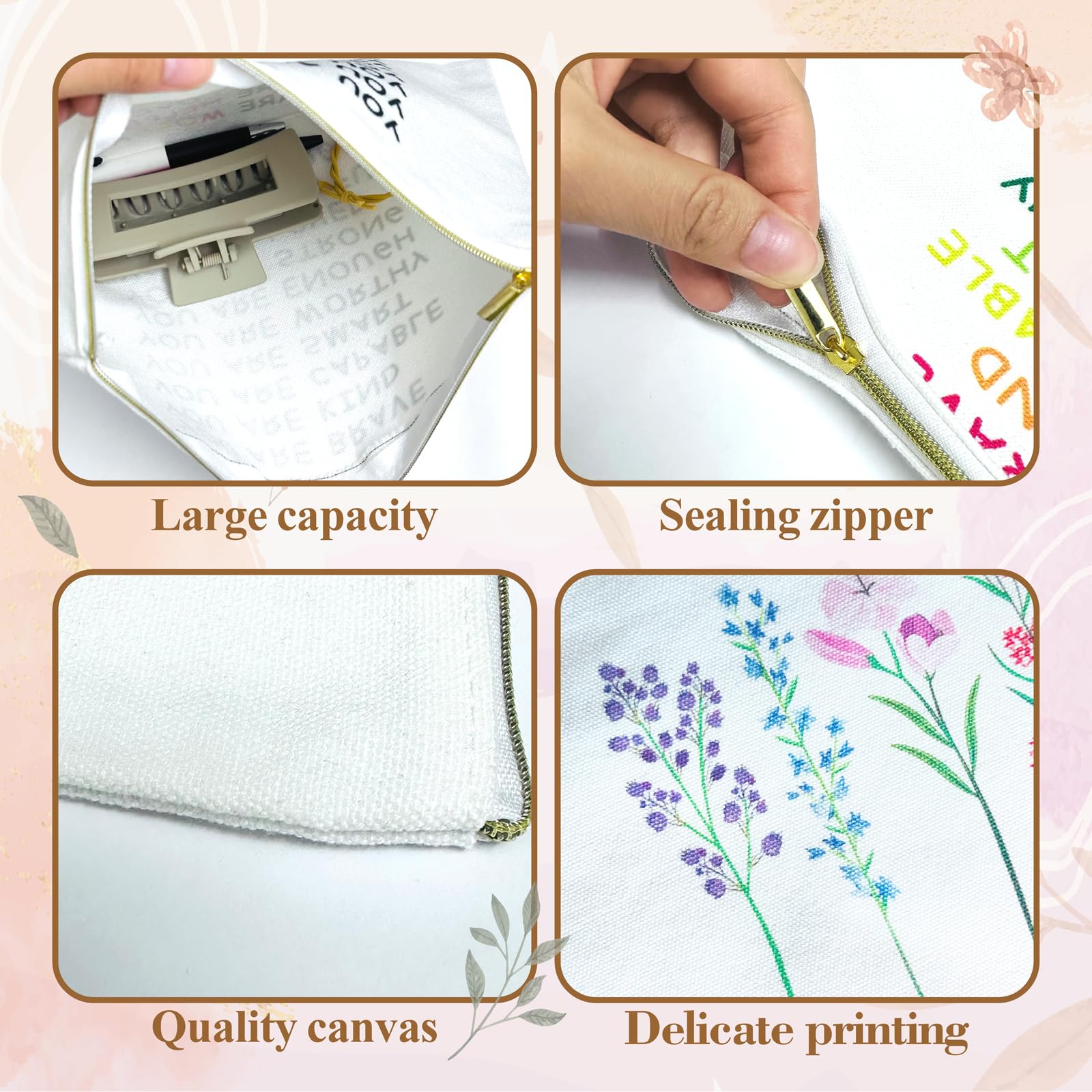 Floral Makeup Bag for Women - Aesthetic Flower Canvas Cosmetic Pouch with Zipper | Small Travel Toiletry Organizer | Perfect Gift for Her, Wildflowers Design | Great for Daily Use, Travel, and Makeup Storage