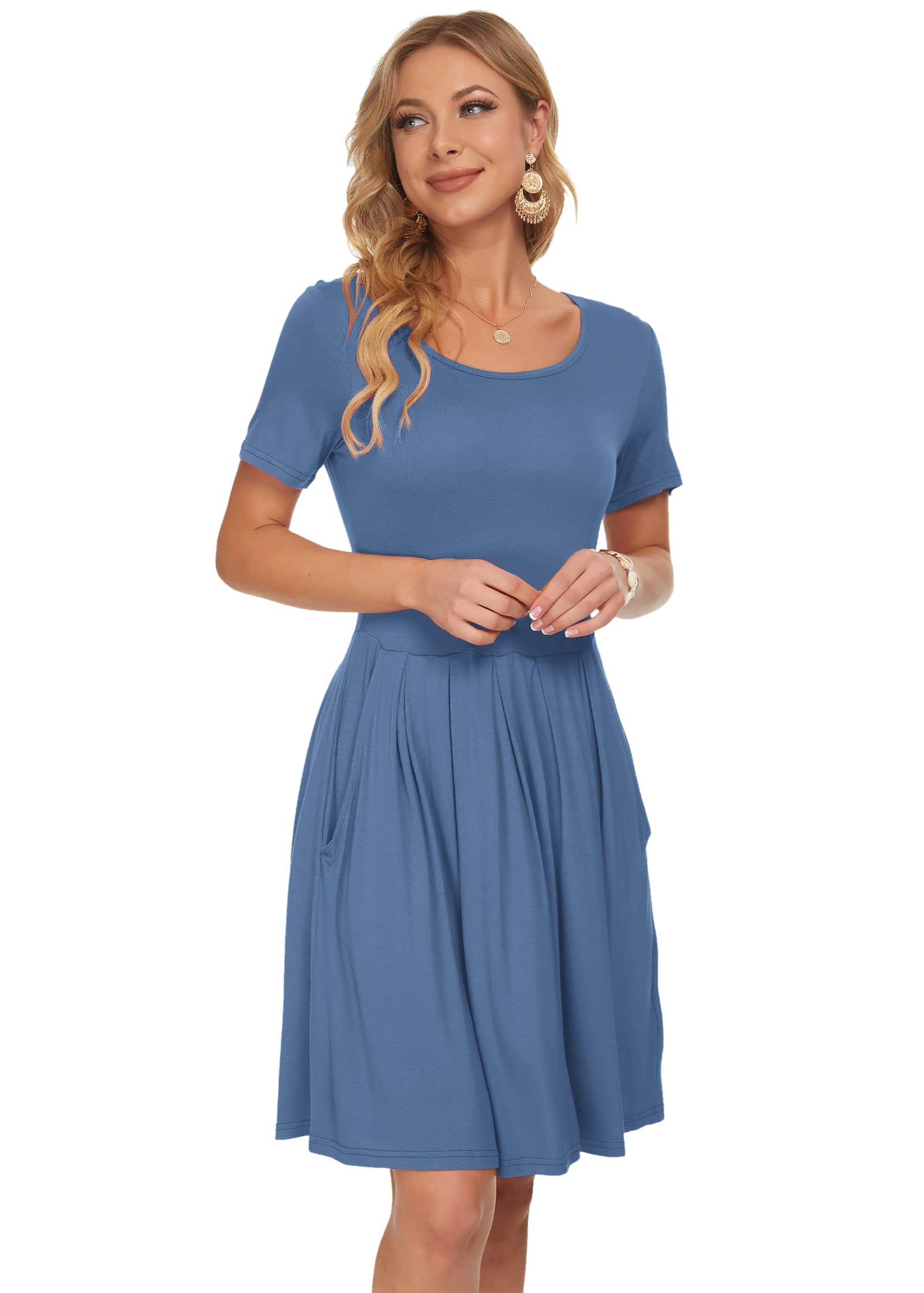 AUSELILY Women's Summer Short Sleeve Pleated Swing Dress - Knee Length Loose Fit with Pockets | Casual Beach Wear, Vacation Outfit, Brunch Dress (2025 New Collection)