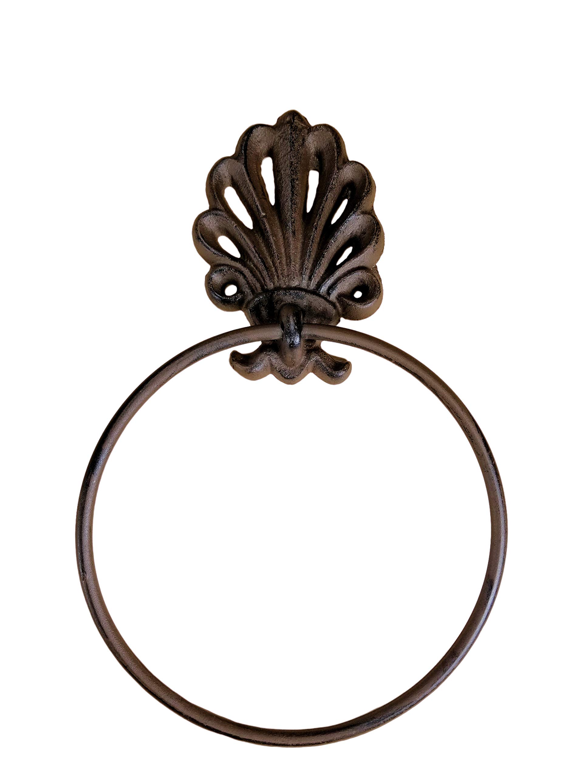 7 Inch Brown Cast Iron Clam Style Towel Holder - Rustic Bathroom & Kitchen Decor for Hanging Towels, Robes, and Utensils
