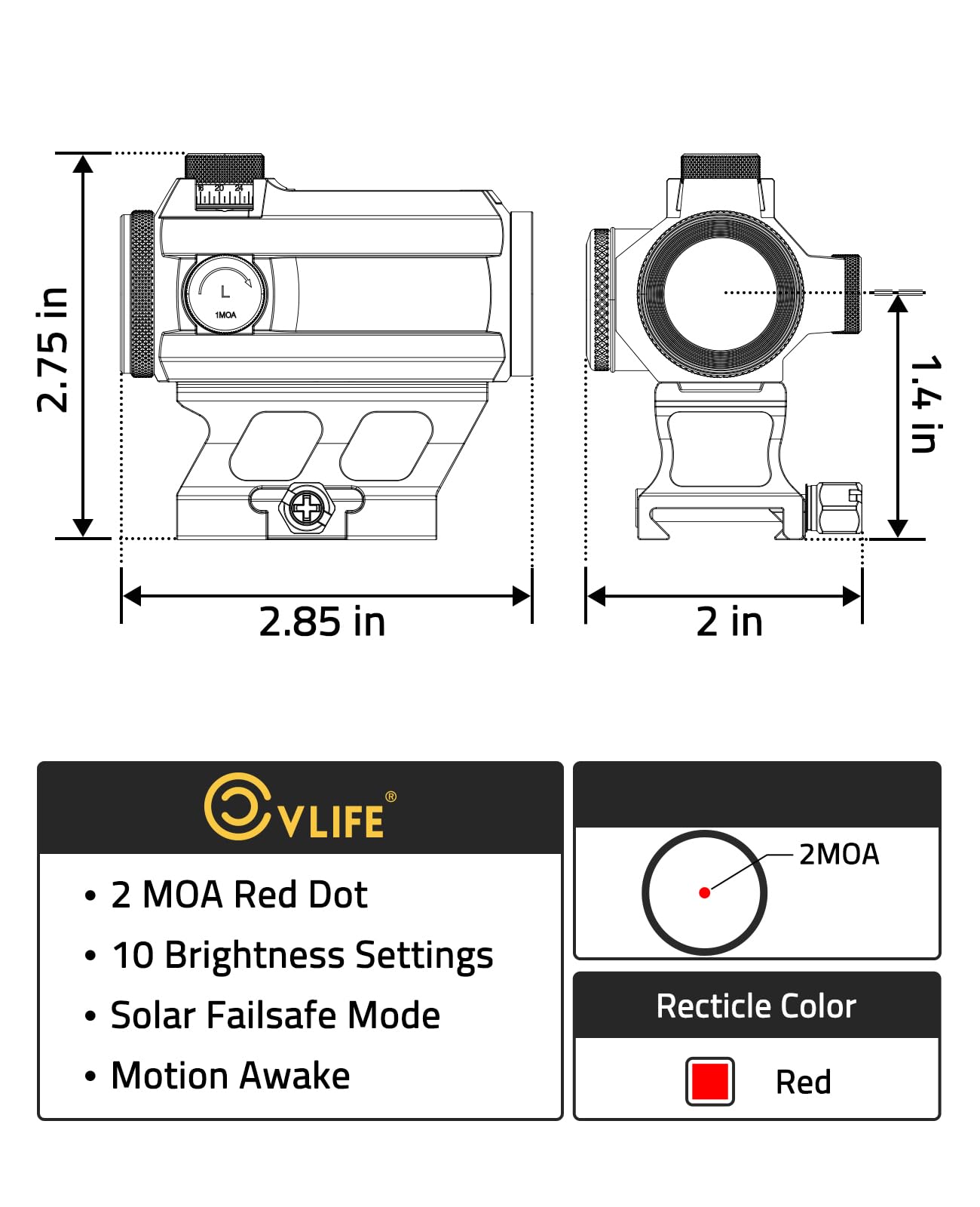 CVLIFE EagleFeather Solar Red Dot Sight - Tactical Red Dot Scope with Dual Power Supply (Solar/Battery), 2 MOA Motion Awake Reflex Sight with Absolute Co-Witness Picatinny Mount - Perfect for Hunting, Shooting Range & Tactical Training