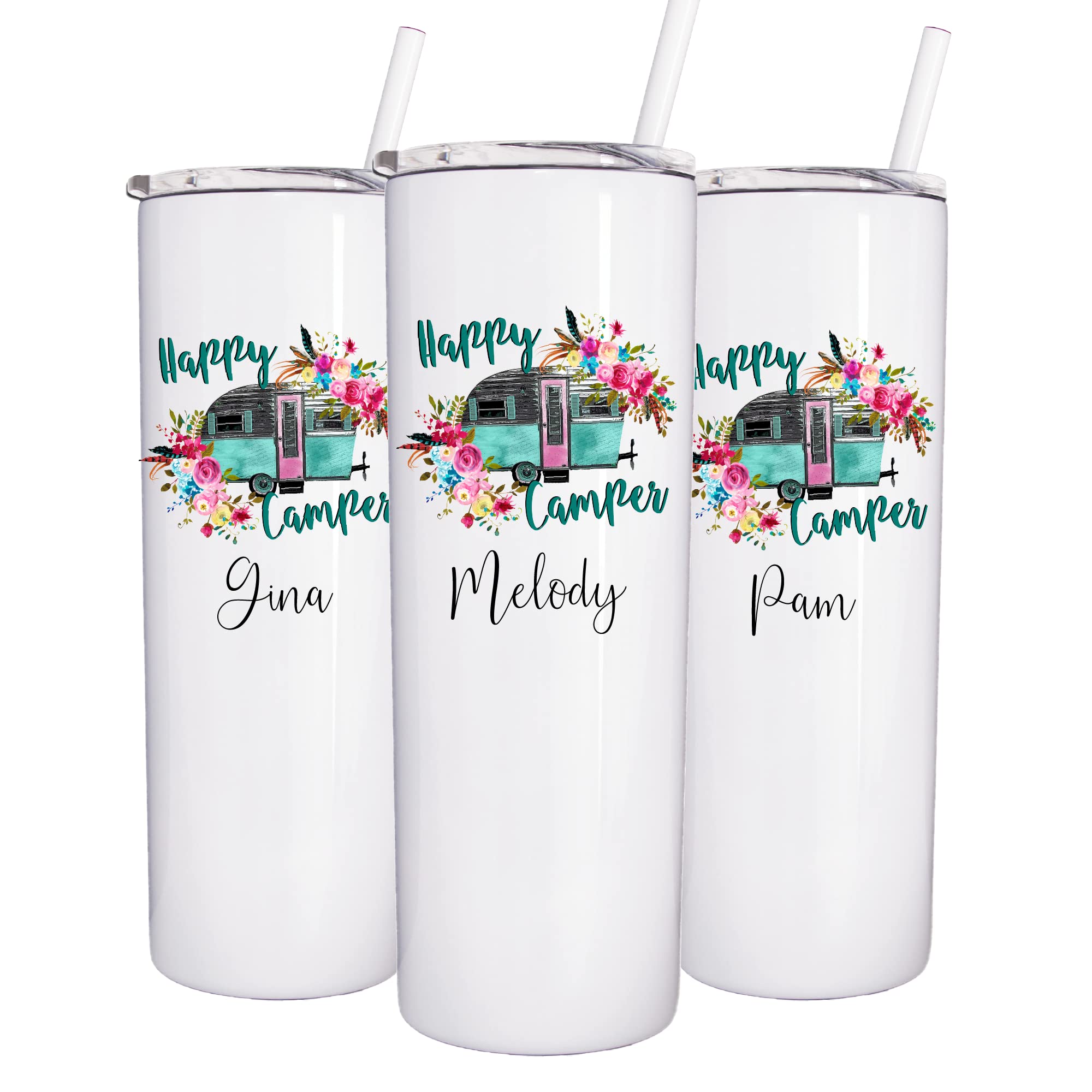 AVITO Personalized Happy Camper Tumbler - 20oz Vacuum Insulated Stainless Steel Travel Mug with Lid & Straw - Custom Camping Gift for Women - Perfect for Outdoor Adventures, Road Trips & Picnics