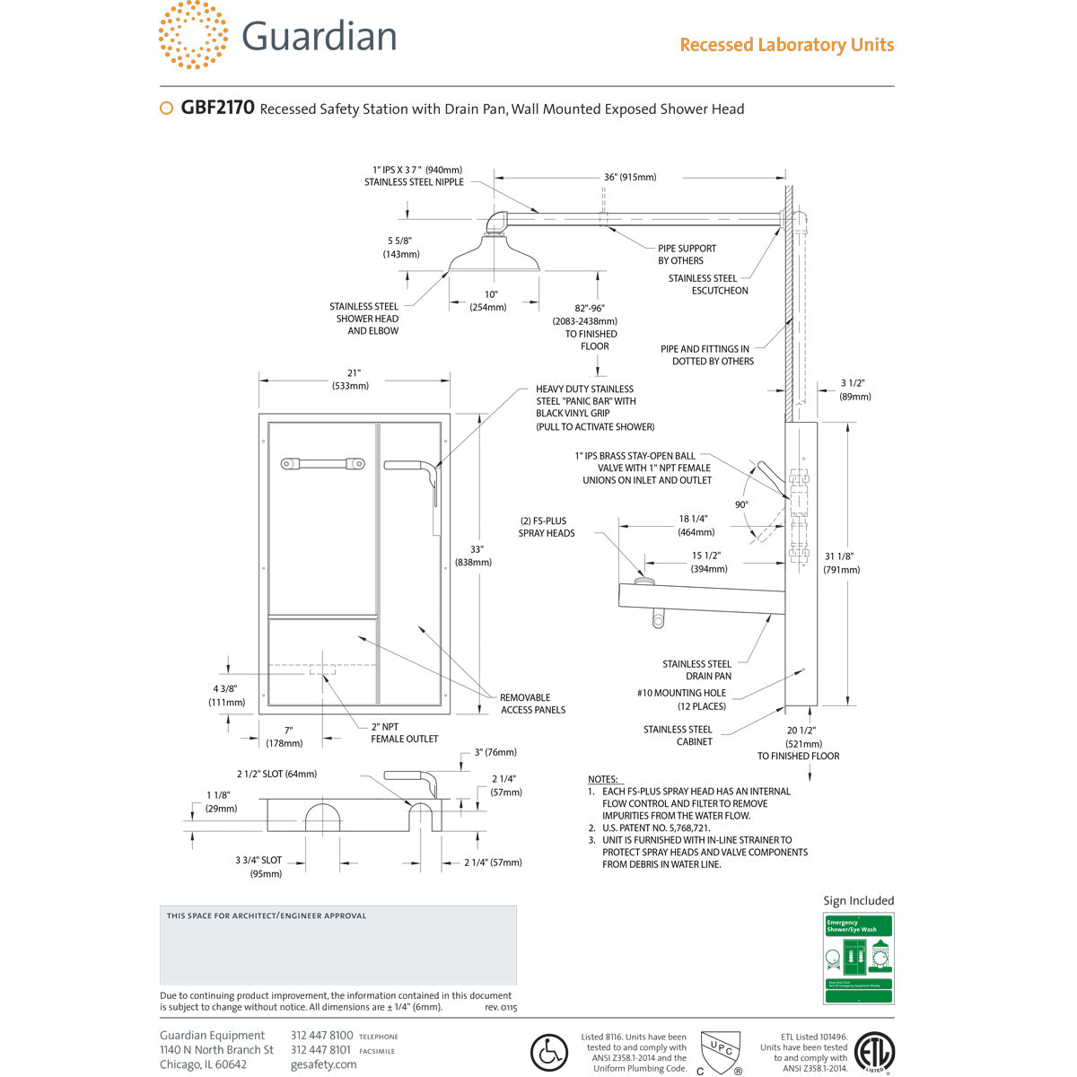 Guardian GBF2170 Recessed Safety Station with Drain Pan - Wall Mounted Exposed Shower Head for Bathroom, Commercial & Industrial Use