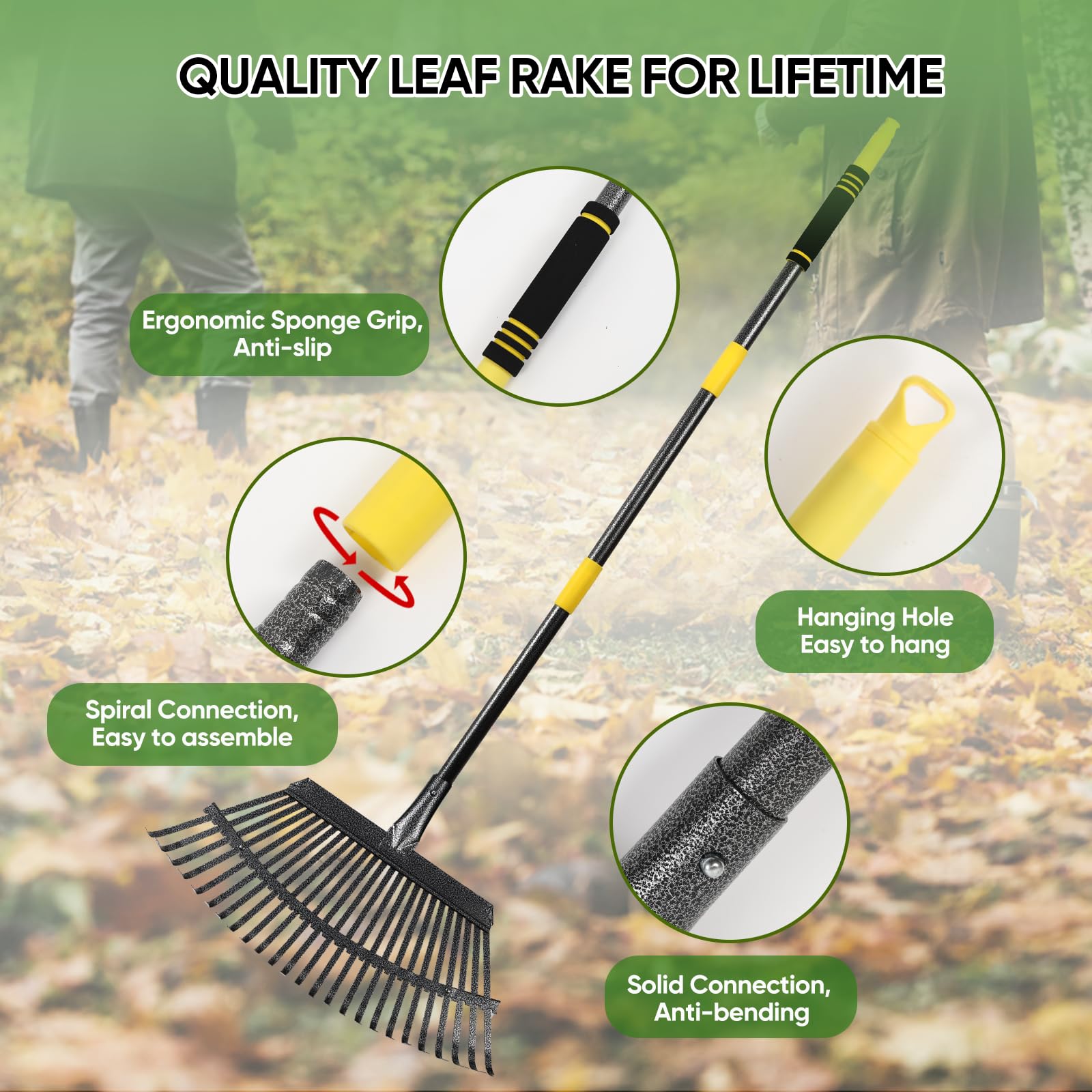 Heavy Duty 6FT Garden Leaf Rake with 25 Metal Tines - 18.5 Inch Wide Adjustable Steel Handle for Lawns, Yards & Flower Beds - Perfect for Raking Leaves, Gathering Shrubs, Leveling Grass & Outdoor Cleanup