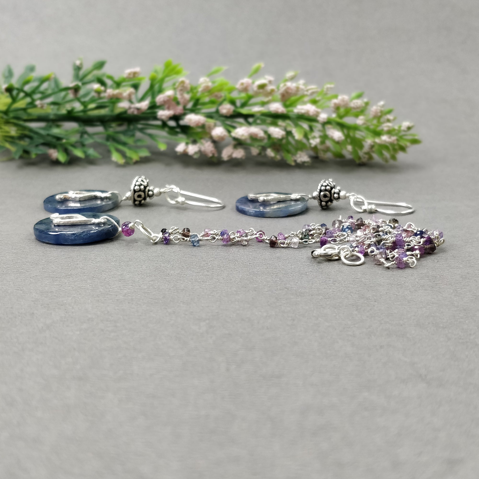 925 Sterling Silver Jewelry Set with Natural Untreated Blue Sapphire Gemstone - 19 Beads Necklace & Drop Dangle Earrings | Perfect for Weddings, Parties & Special Occasions