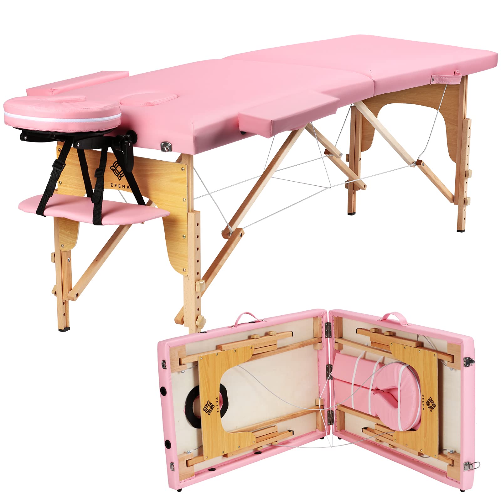 ZEENA Portable Massage Table - Lightweight Foldable Therapy Salon Bed for Massage, Physiotherapy, Facials & Reiki | Adjustable Height with Face Cradle & Headrest | Perfect for Spa, Home Use & Professional Therapists (Pink)