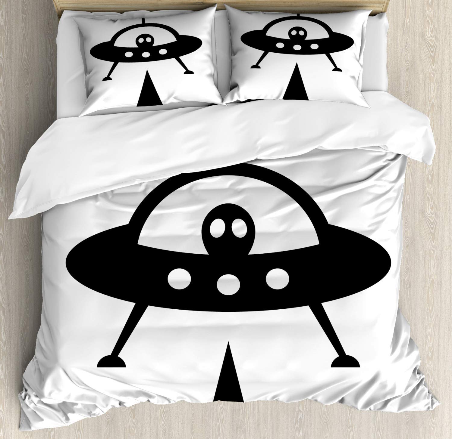 Ambesonne Alien Duvet Cover Set - Monochrome UFO Spaceship Galaxy Print 3-Piece King Size Bedding with Pillow Shams | Sci-Fi Themed Bedroom Decor for Teens & Adults | Charcoal Grey & White