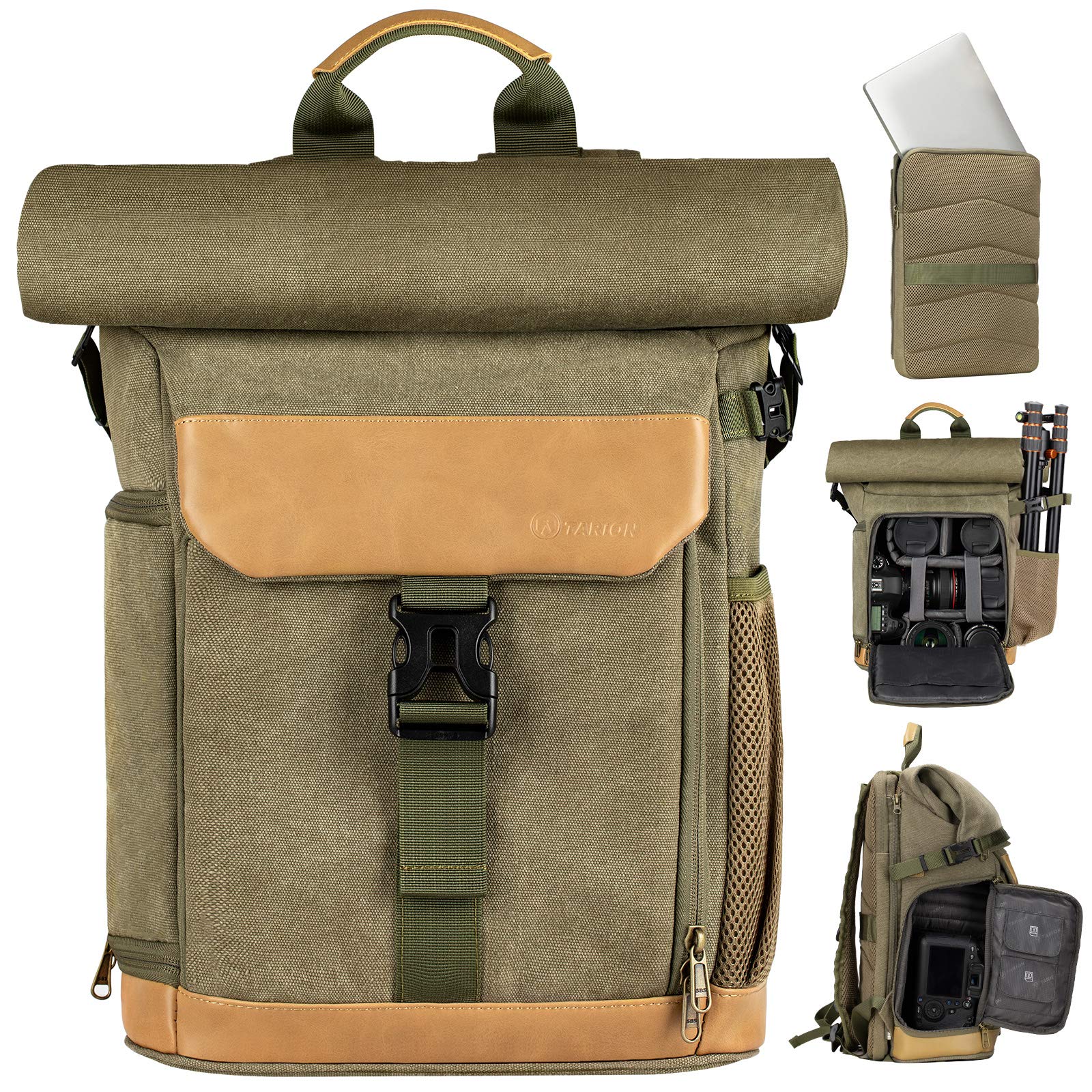 TARION Waterproof Canvas Camera Backpack for DSLR SLR Mirrorless Cameras - Detachable Laptop Compartment & Rain Cover Included - Durable Photography Bag for Travel, Hiking & Outdoor Shooting (Green)