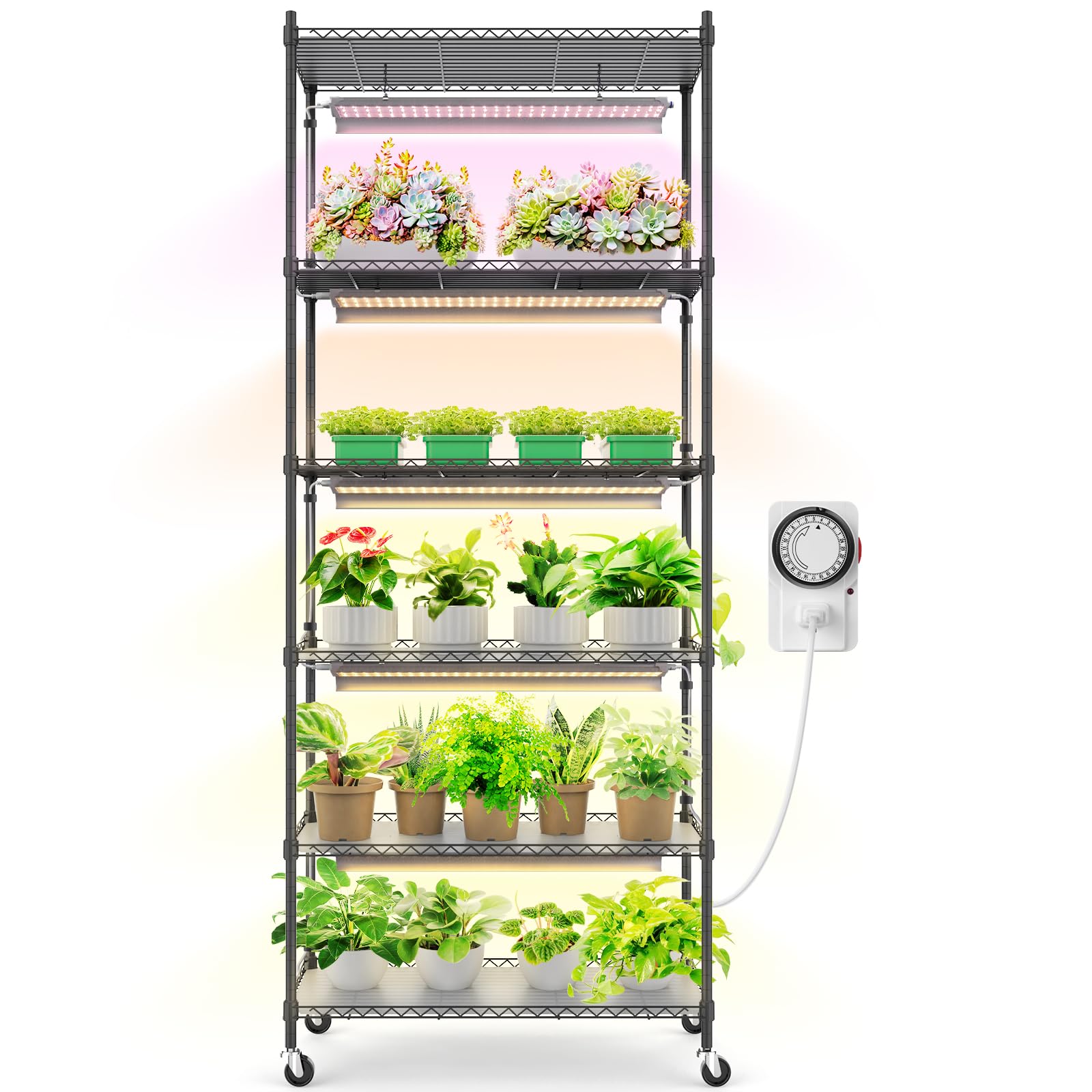 Barrina 6-Tier Metal Plant Stand with Grow Lights - 5Pcs 2FT 30W Full Spectrum LED Plant Lights, 3 Adjustable Spectrum & Timer - Indoor Plant Shelf Display Rack (29.5x13.8x71 Inches) - Perfect for Home Gardening, Living Room Decor, and Indoor Herb Growing