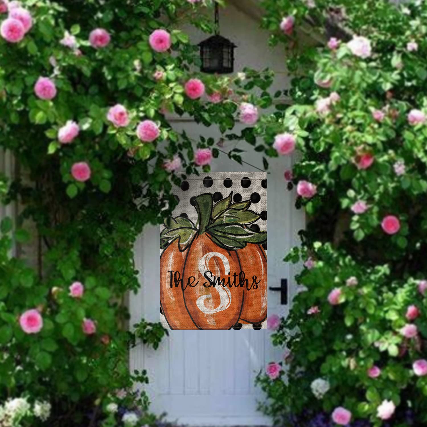 Custom Monogram Fall Pumpkin Garden Flag - Personalized Family Name Initials, Double Sided 12x18 Inch Rustic Farmhouse Burlap Outdoor Yard Decoration for Autumn Porch & Seasonal Home Decor
