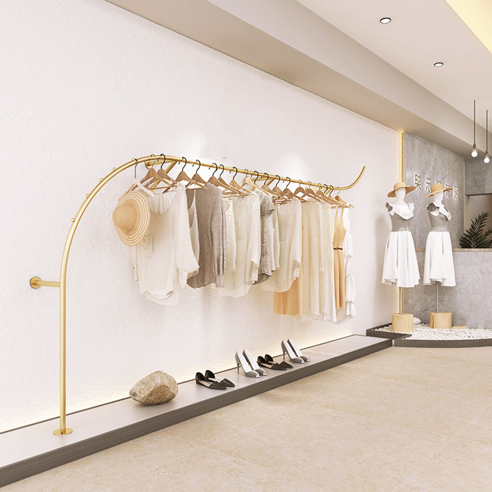 Gold Industrial Pipe Wall-Mounted Clothing Rack - Modern Boutique Display Shelf with 250cm Closet Rod for Home Cloakroom & Retail Store Organization | Perfect for Bedroom, Walk-In Closet, and Storefront Garment Display