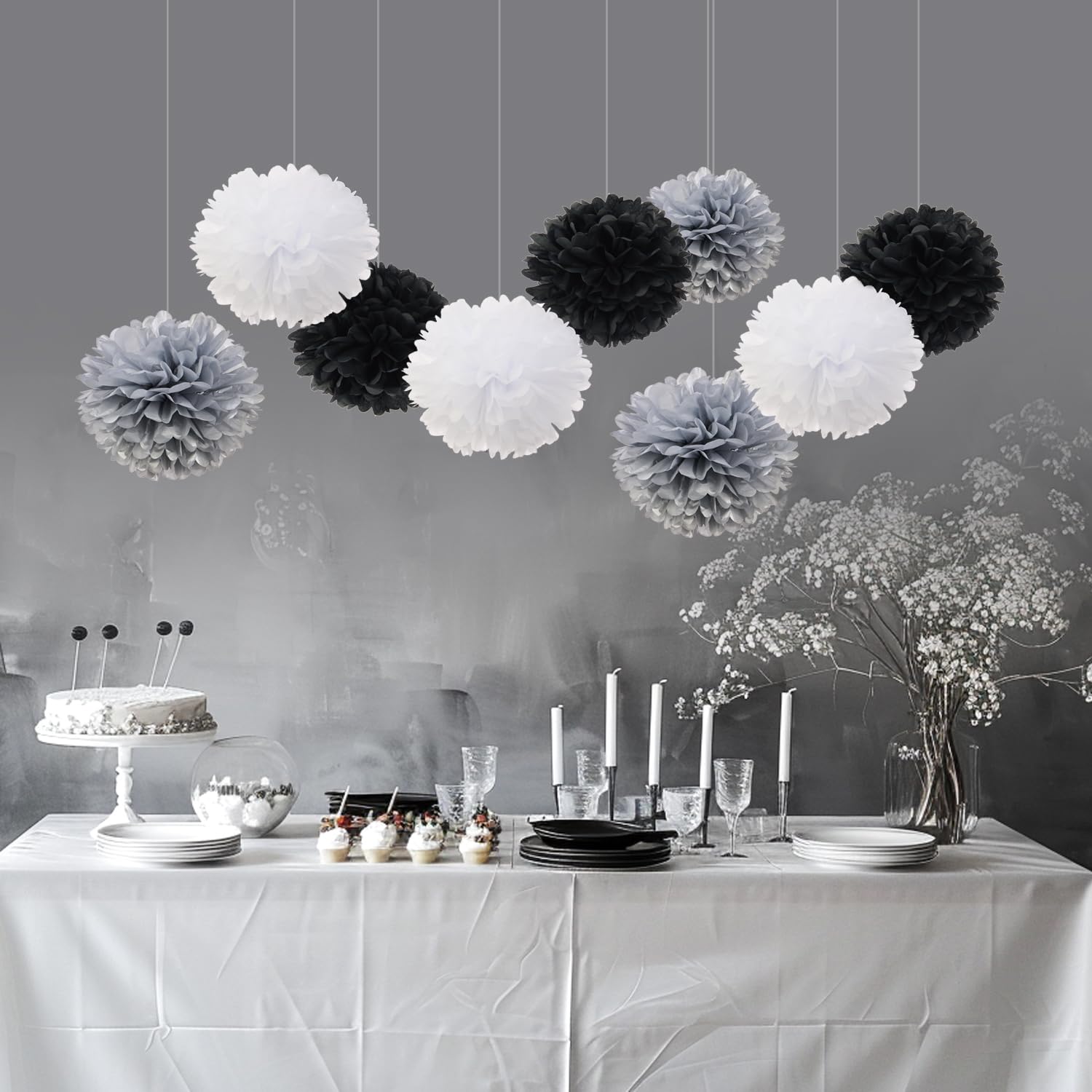 Premium 12-Inch Tissue Pom Poms - Black, White, Silver Party Decorations (Pack of 12) | DIY Tissue Paper Flowers & Fluff Balls for Weddings, Baby Showers & Home Decor