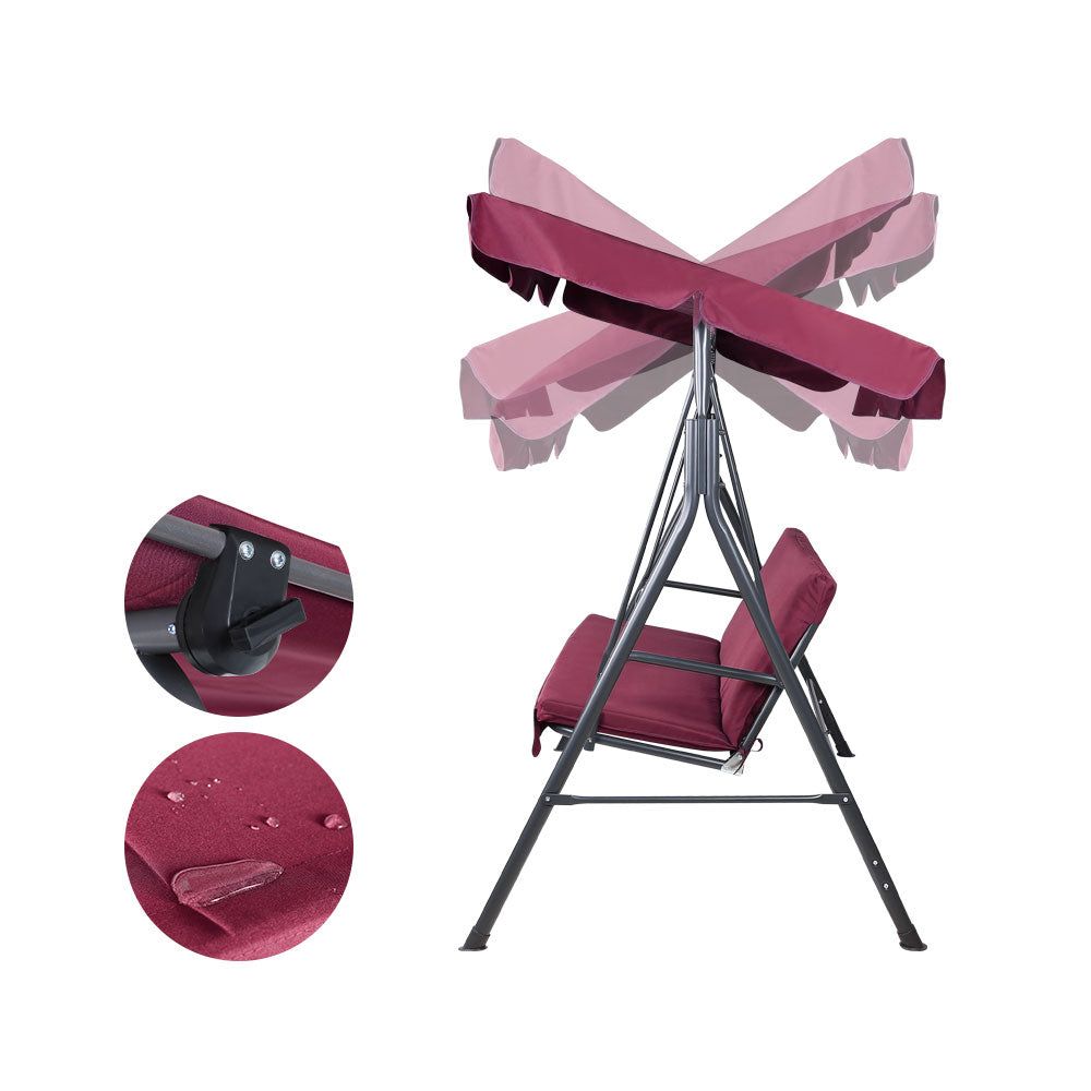 Gardeon 3-Seater Outdoor Swing Chair with Canopy - Wine Red Garden Bench Furniture for Patio, Backyard, and Relaxation