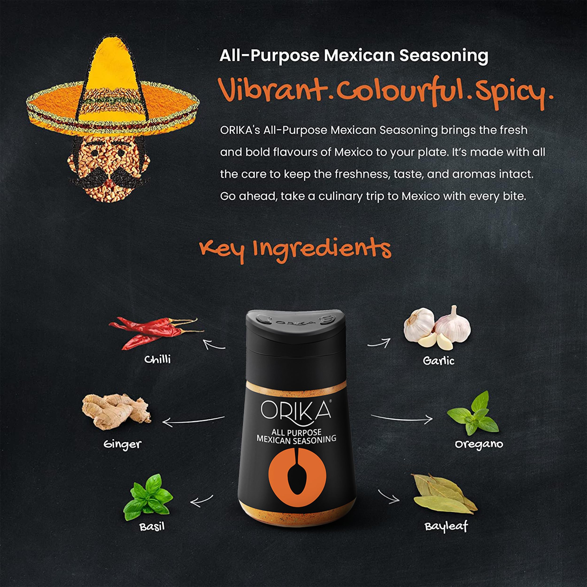 Orika All Purpose Mexican Seasoning - Premium Blend of Herbs & Spices for Tacos, Mexican Rice, Fries, Pasta, Nachos | 80g | Perfect for Home Cooking, BBQ & Party Snacks