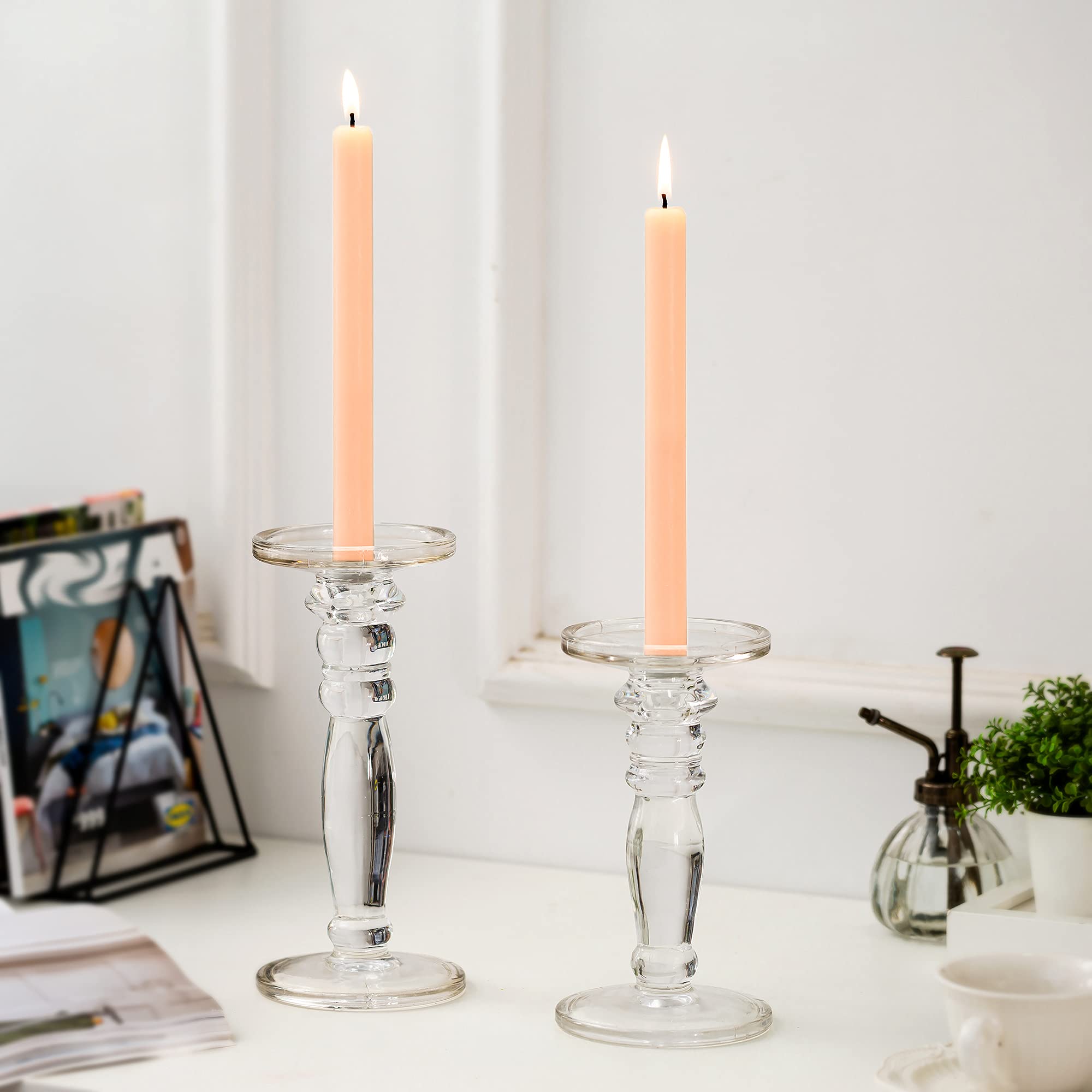 NUPTIO 2-Pack Glass Candlestick Holders - Elegant Crystal Taper Candle Holders for Wedding Centerpieces, Dining Table Decor, Living Room & Holiday (Christmas/Halloween) - Perfect for Romantic Dinners, Party Decorations & Seasonal Home Decor