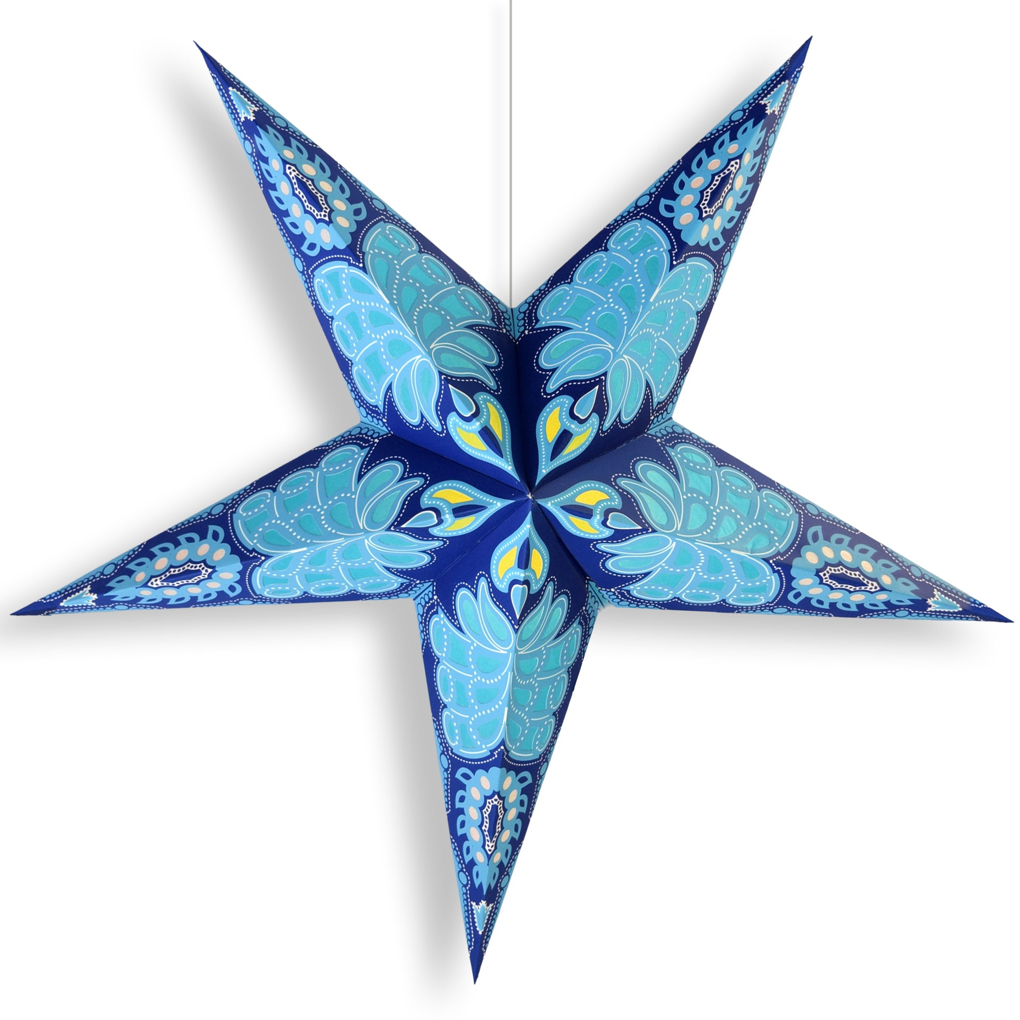 24 Inch Blue Astral Glow Paper Star Lantern with Pendant Light - DIY Hanging Decor for Bedroom, Party, Wedding & Outdoor Lighting