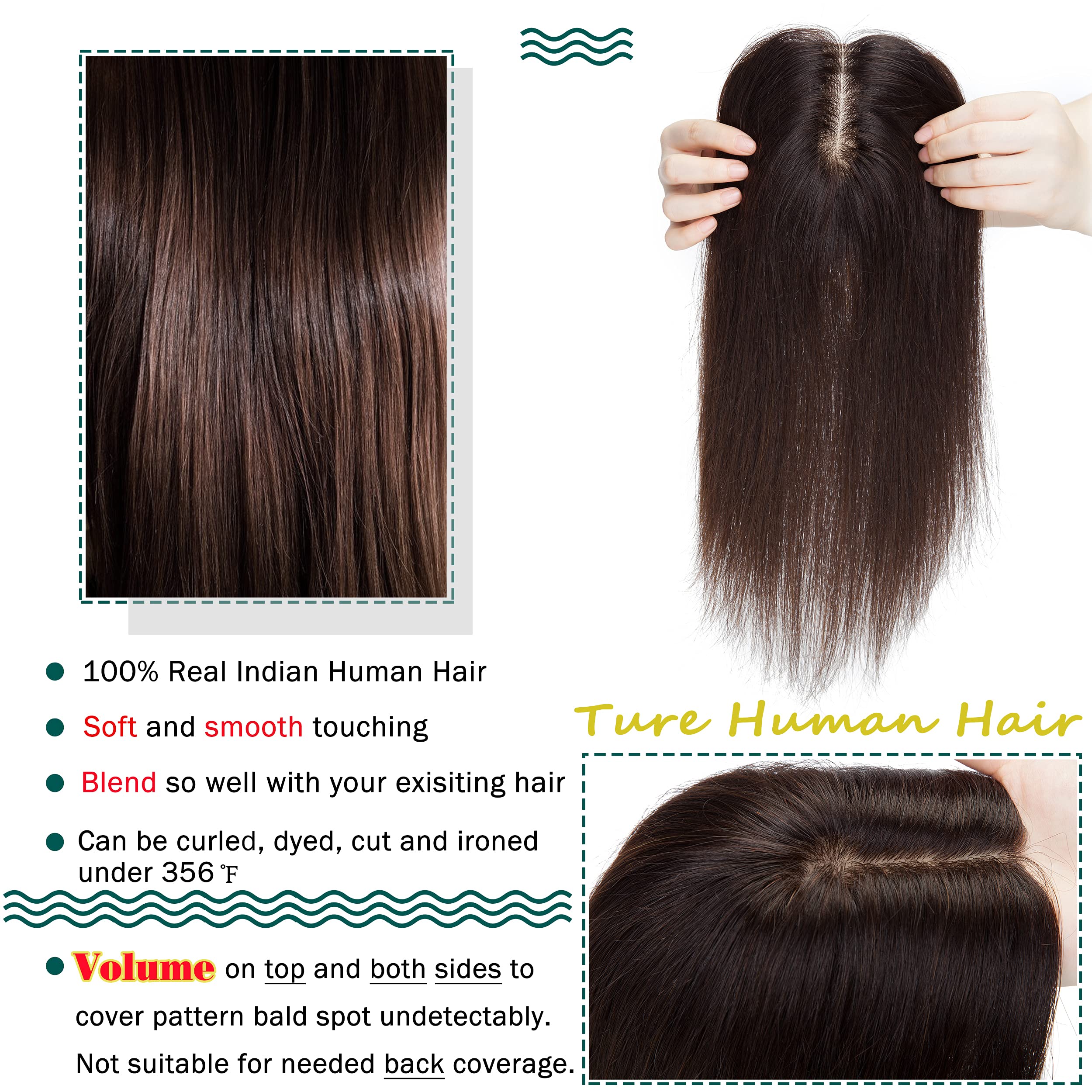 S-noilite 130% Density Human Hair Toppers for Women - Handmade Silk Base Clip-in Hairpiece for Thinning Hair & Hair Loss - 12 Inch 40g Dark Brown (#2) - Covers Gray Hair - Perfect for Daily Wear, Special Occasions & Confidence Boost
