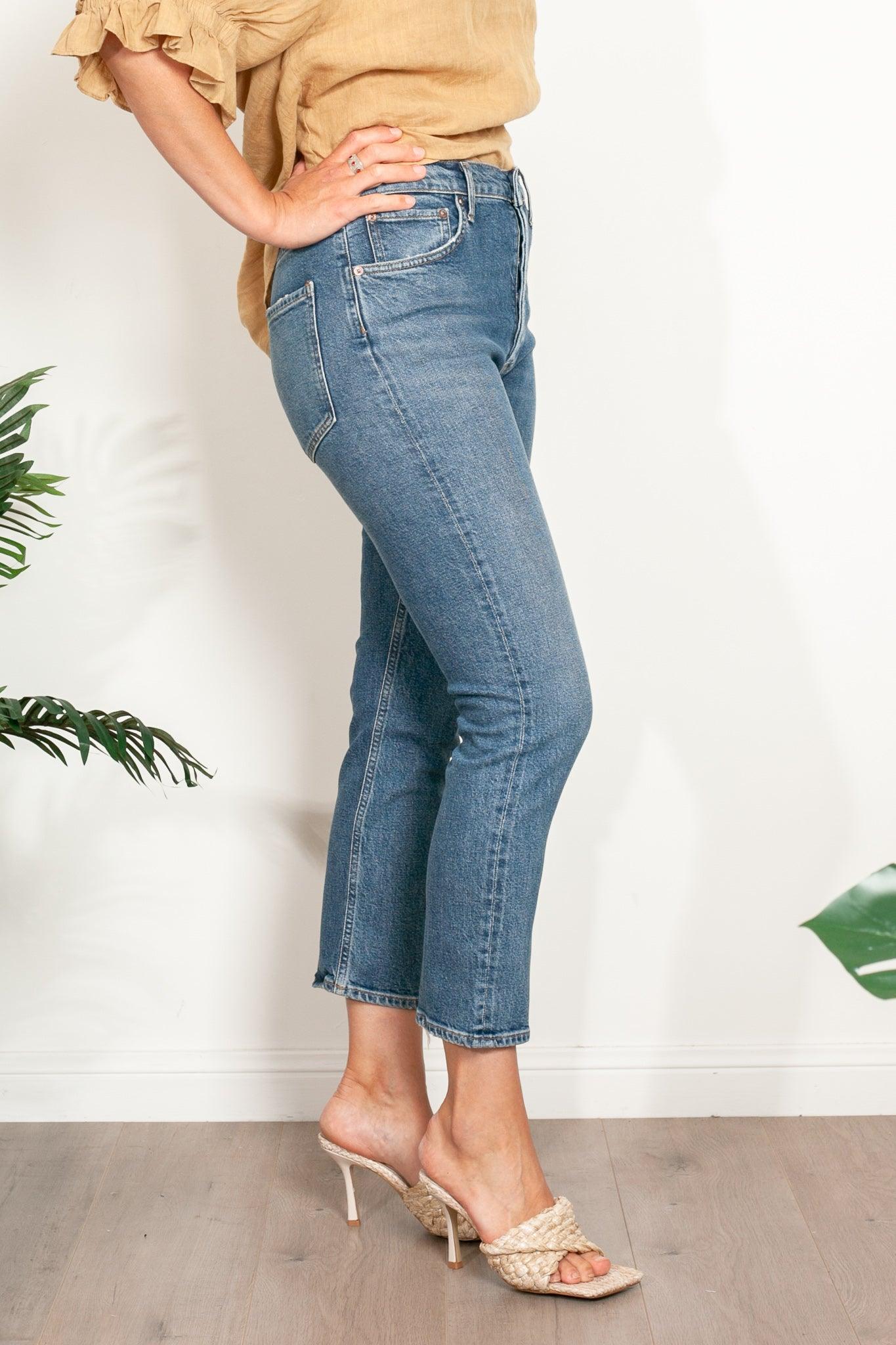 AGOLDE Riley High Rise Distressed Jeans for Women - Vintage Blue Denim Skinny Jeans with Raw Hem | Perfect for Casual Outfits, Street Style & Everyday Wear
