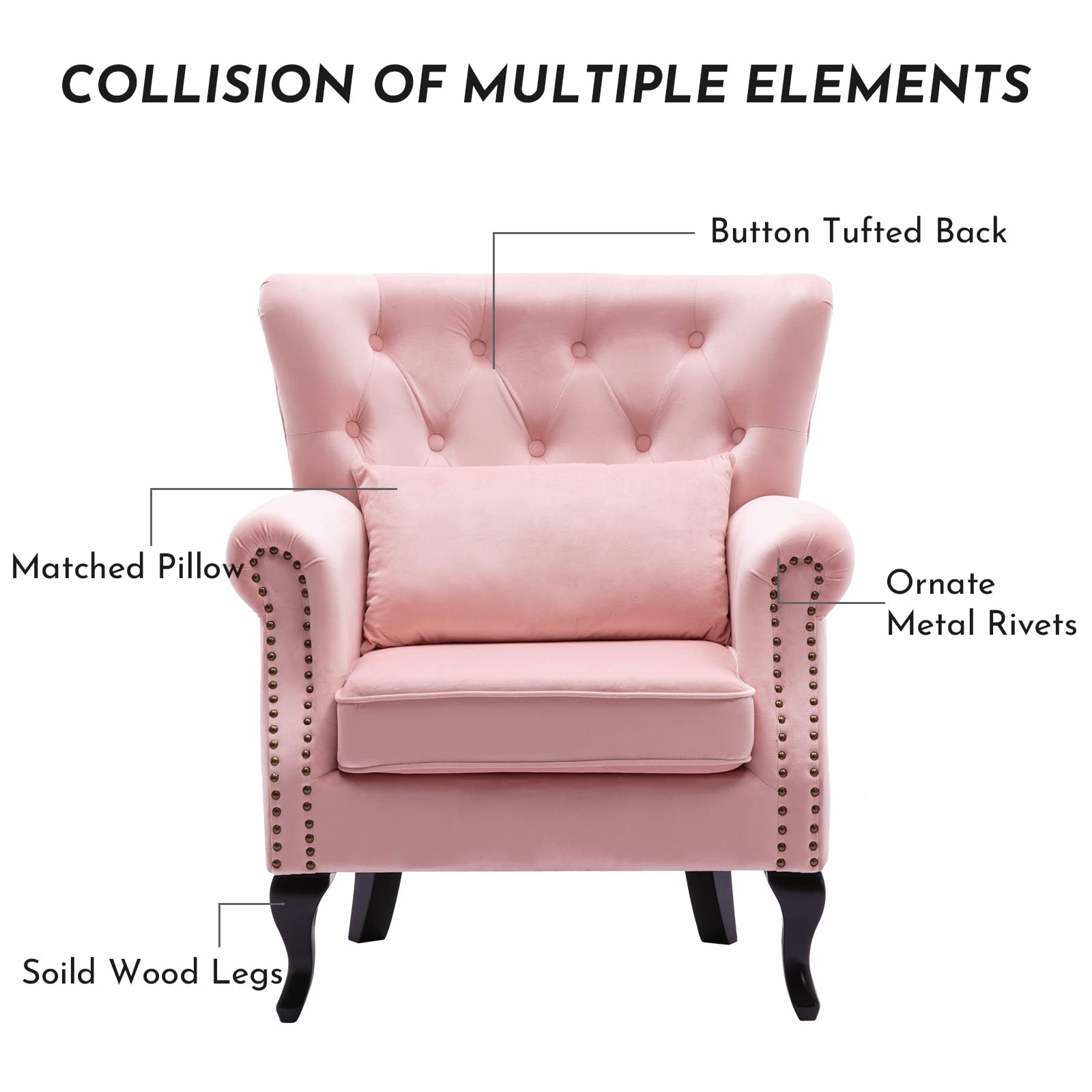 Mid-Century Modern Accent Reading Arm Chair - Velvet Pink Wingback Club Chair with Button Tufted Back & Lumbar Pillow - Comfy Corner Sofa for Living Room, Bedroom, Office Waiting Area - Perfect for Relaxing, Reading & Lounge Spaces