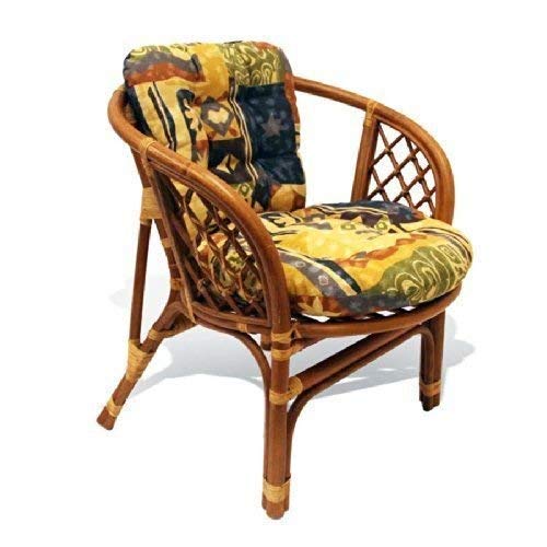 Natural Rattan Wicker Bahama Armchair Set with Cushion & Round Coffee Table - Tropical Style Lounge Furniture for Patio, Porch, Beach House & Garden Decor
