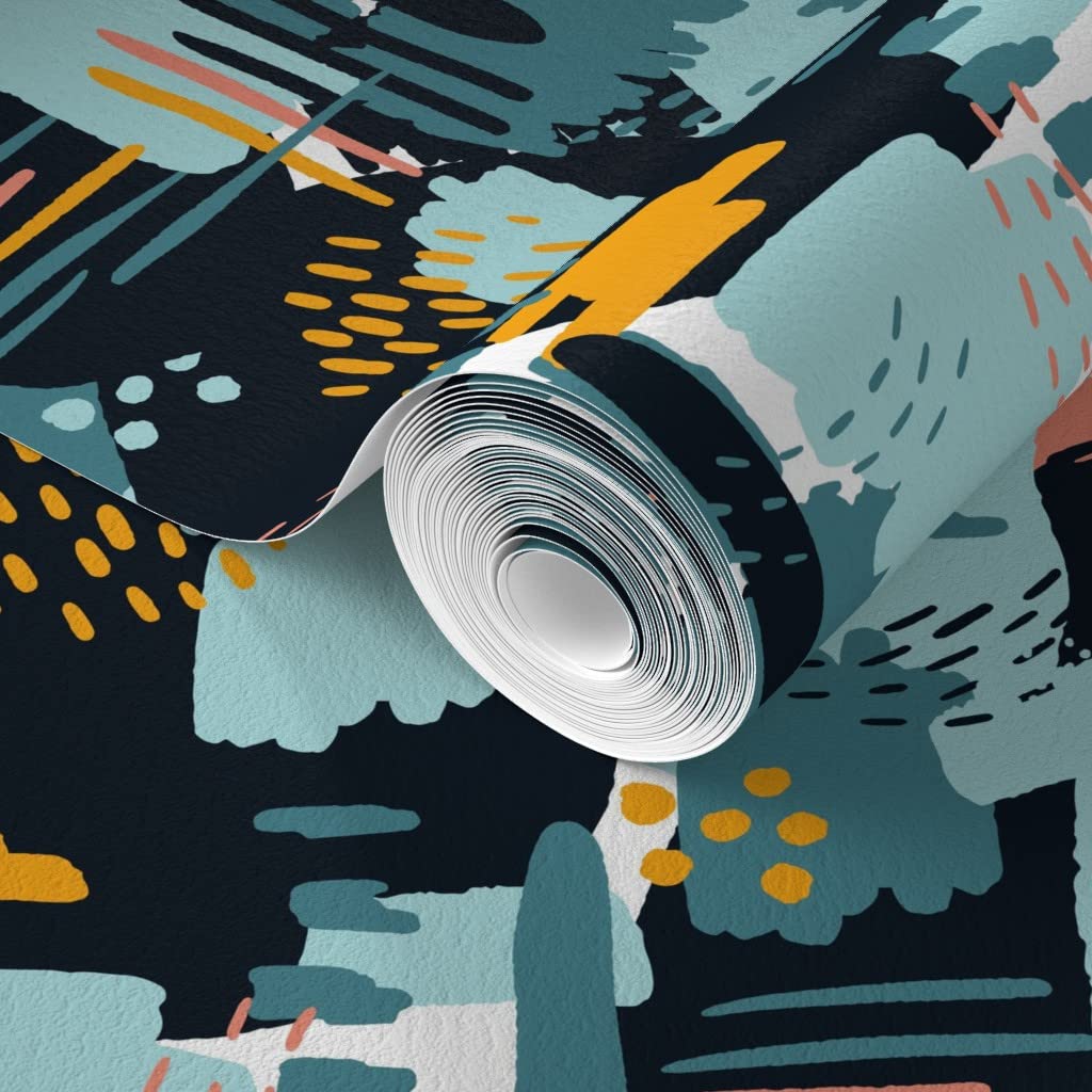 Commercial Grade Spoonflower Wallpaper Swatch - Large Painterly Blue & Gold Abstract Design with Paint Brush Motif | Perfect for Kids' Rooms, Nurseries & Modern Home Decor