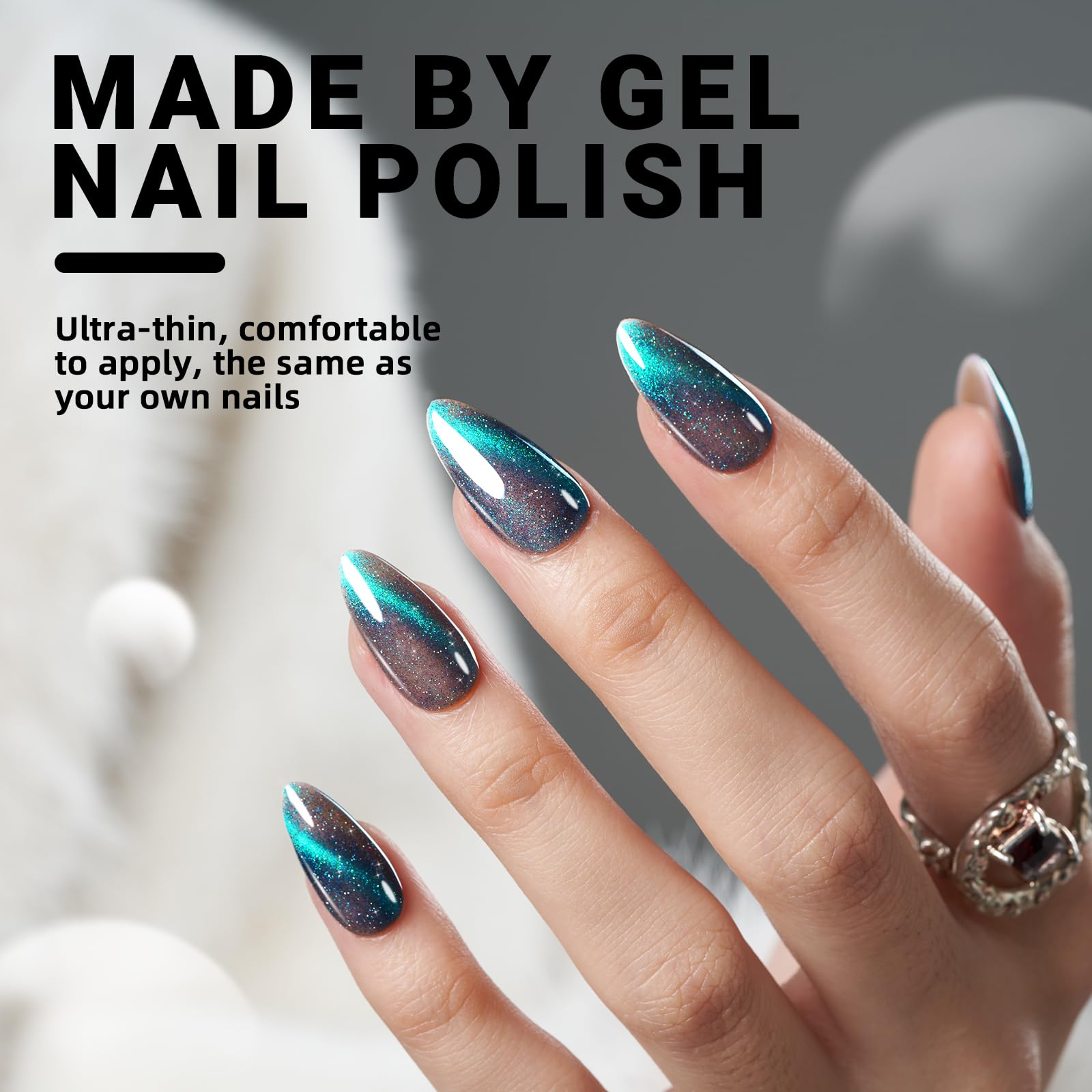 Cat Eye Press on Nails Almond Shape - Grey Medium Fake Nails with Green Glitter Design, Glossy Salon-Quality Magnetic Gel Nails (24 Pcs Kit, 12 Sizes) for Women & Girls - Perfect for Parties, Weddings, Date Nights & Special Occasions
