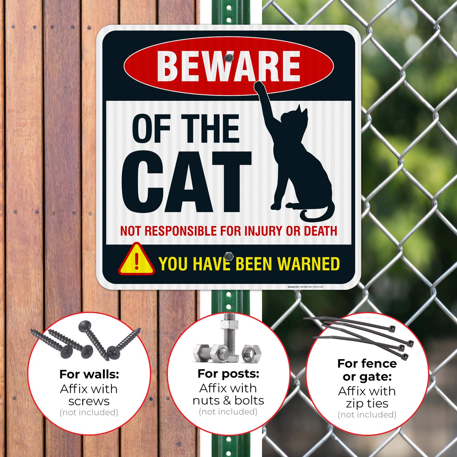 Beware of Cat Sign - Funny Attack Cat Warning Sign 24x24 Inches - 3M EGP Reflective .080 Aluminum - Fade Resistant Indoor/Outdoor Decoration - Made in USA - Perfect for Home, Garden, Office & Pet Safety