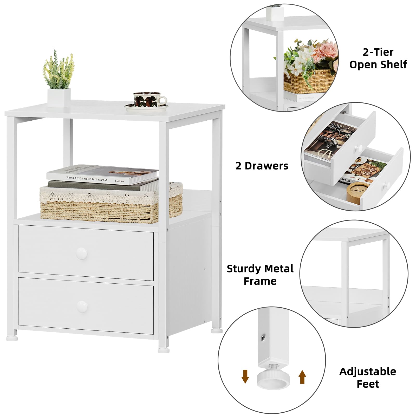 Industrial Nightstand with 2 Drawers & Open Shelf - Steel Frame Bedside Table for Bedroom & Living Room - Sturdy White End Table for Small Spaces - Perfect for Apartment, Dorm, Guest Room & Home Office