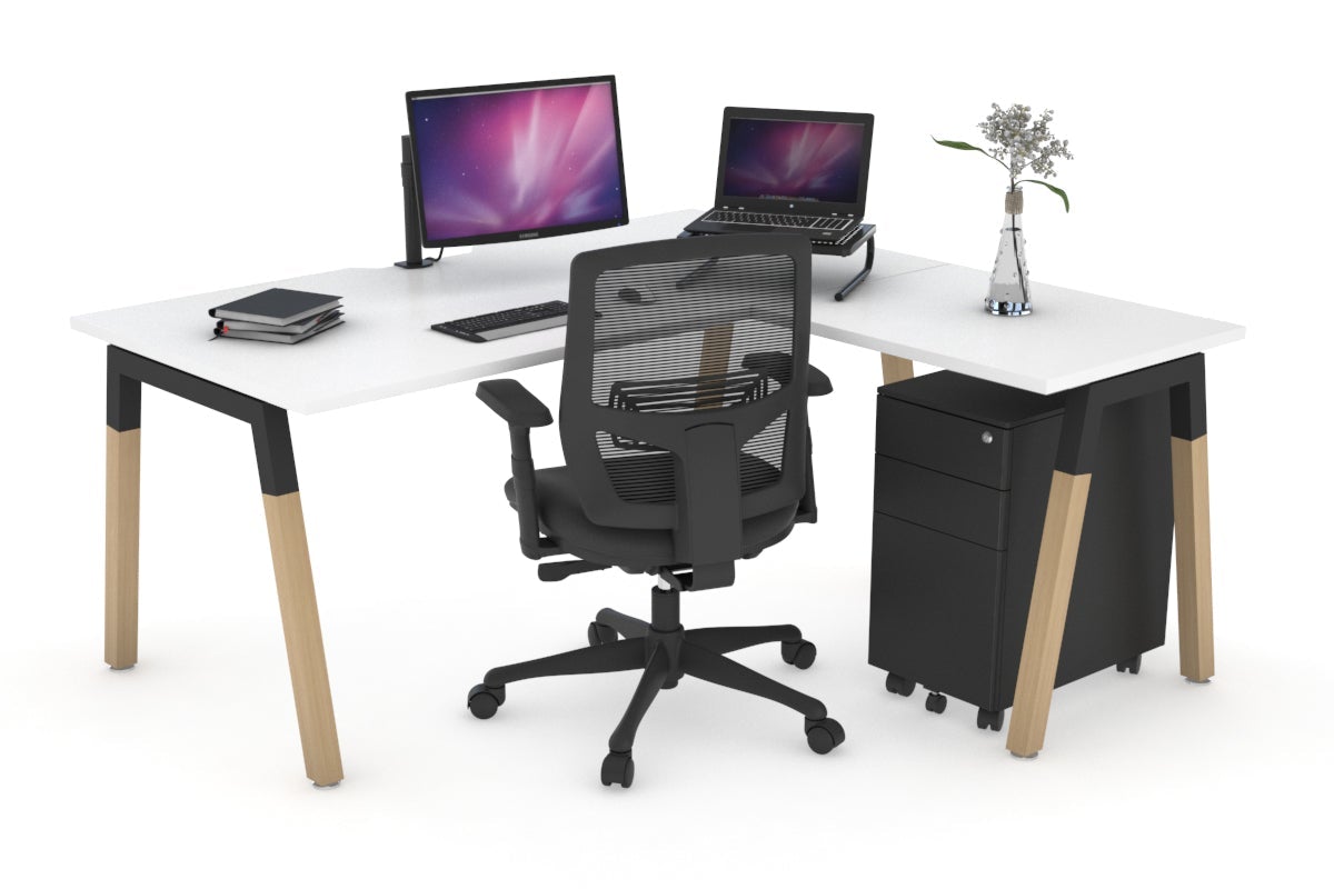 Premium L-Shaped Corner Office Desk with Quadro A Legs & Wood Cross Beam - 1800L x 1800W with Cable Management Scallop - Perfect for Home Office, Gaming Setup & Workspace Organization